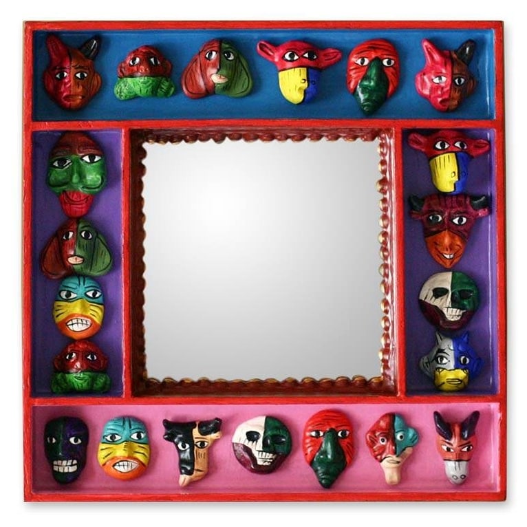 Ceramic And Wood Handmade Party Of Masks Retablo Wall Mirror Peru Multi