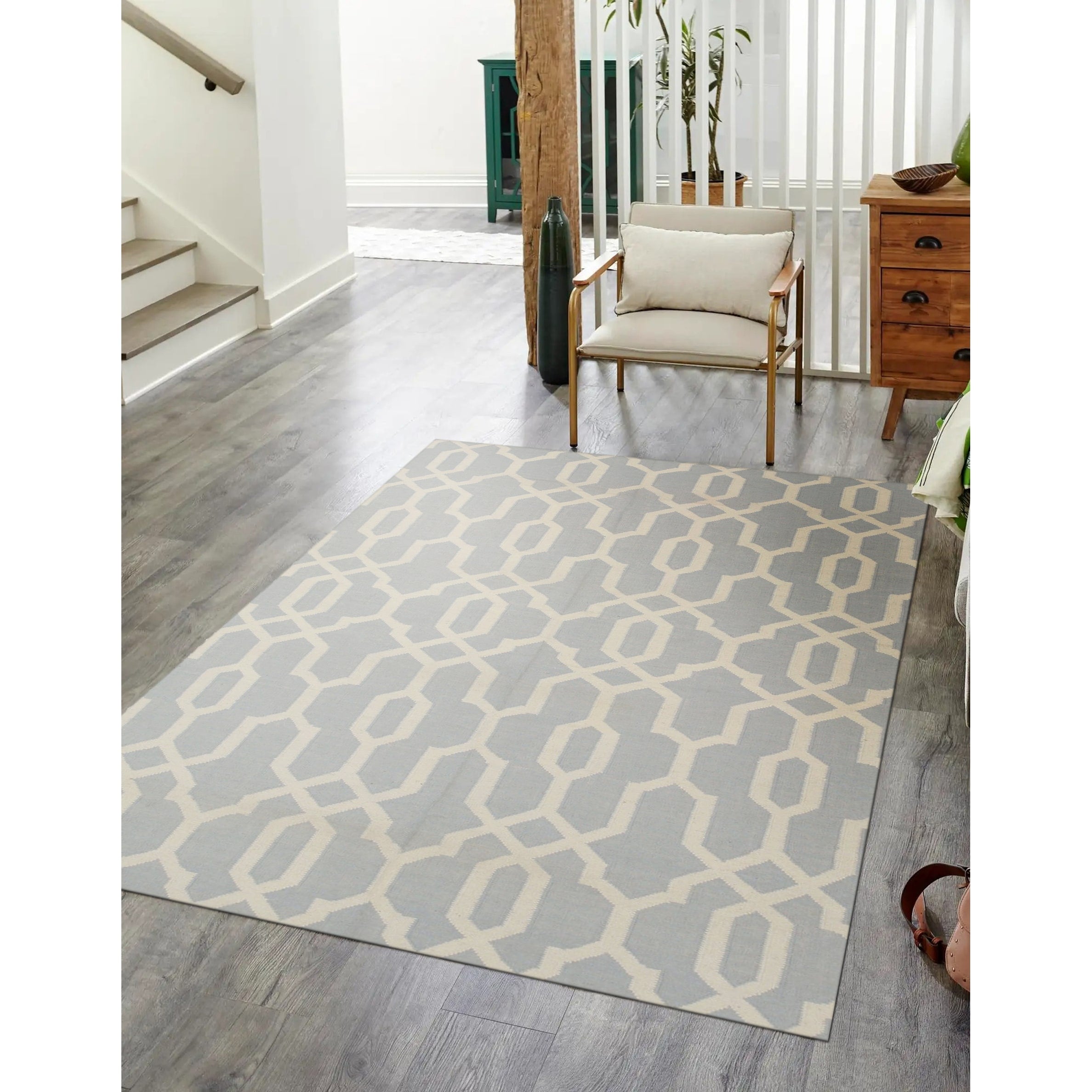 Handmade Wool Blue Transitional Geometric Reversible Modern Moroccan Kilim Rug 5 X 8
