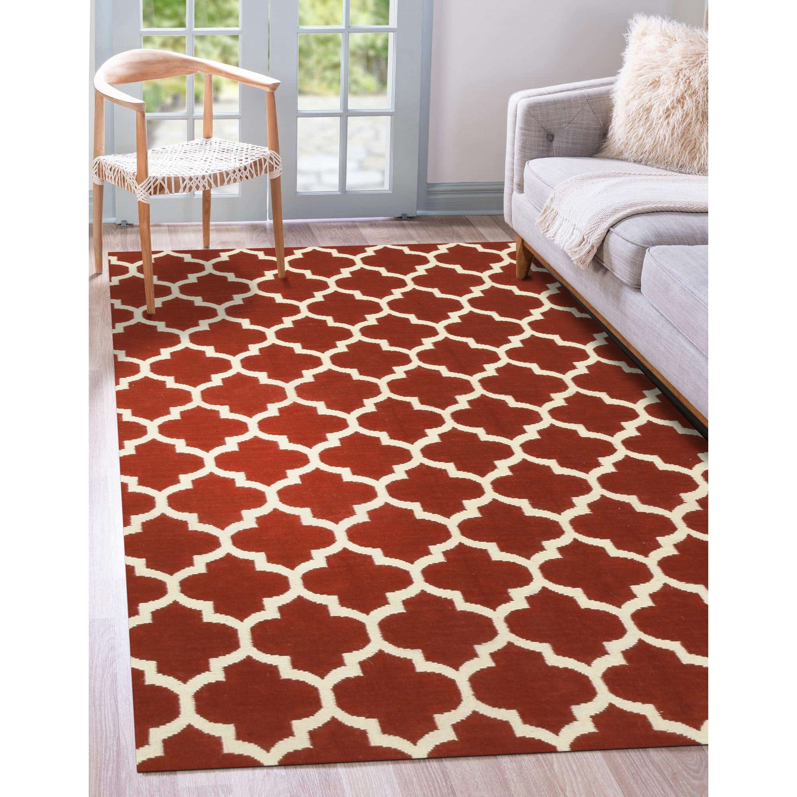 Handmade Wool Red Contemporary Trellis Flatweave Revesible Moroccan Rug