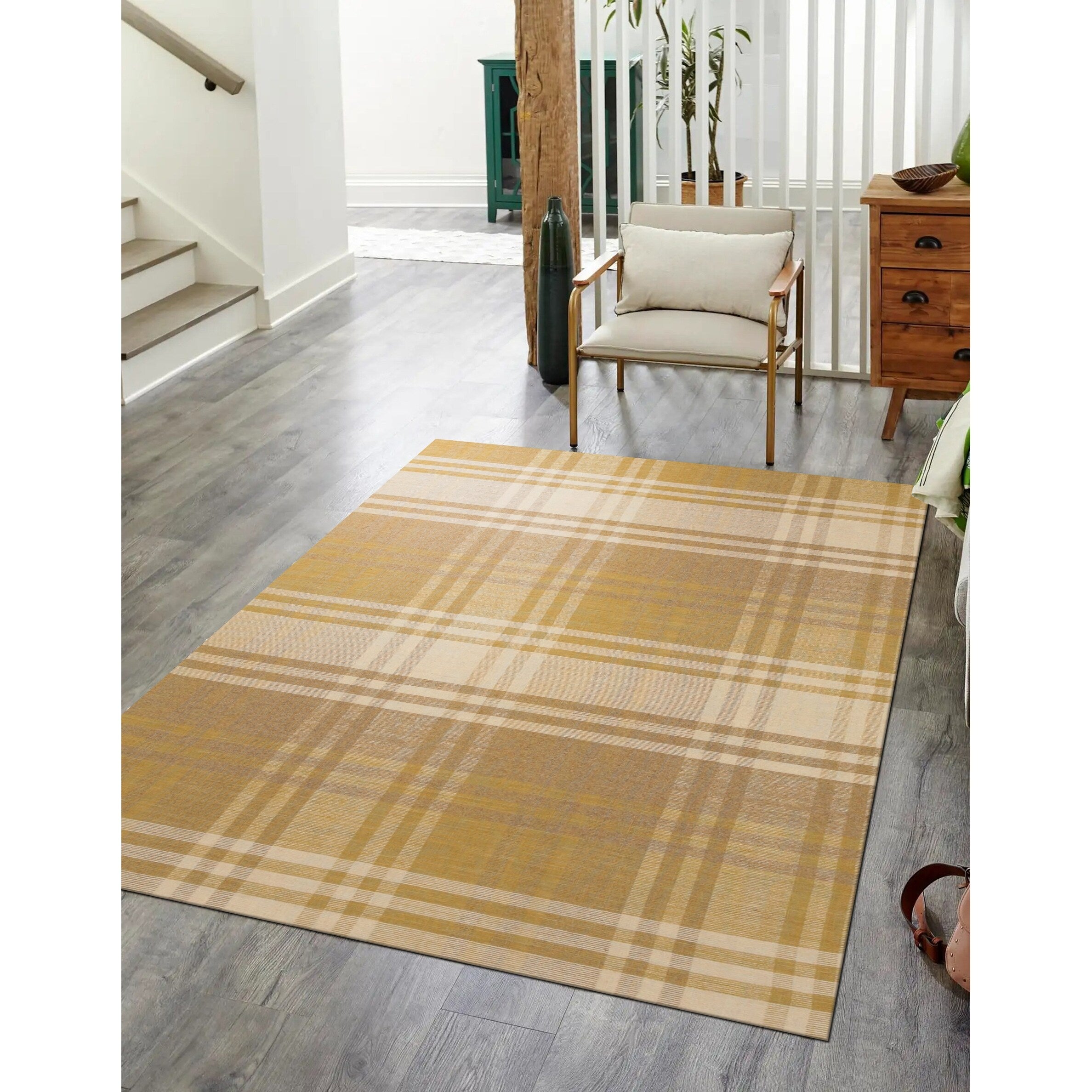 Handmade Wool Yellow Transitional Geometric Plaid Rug 8 X 10