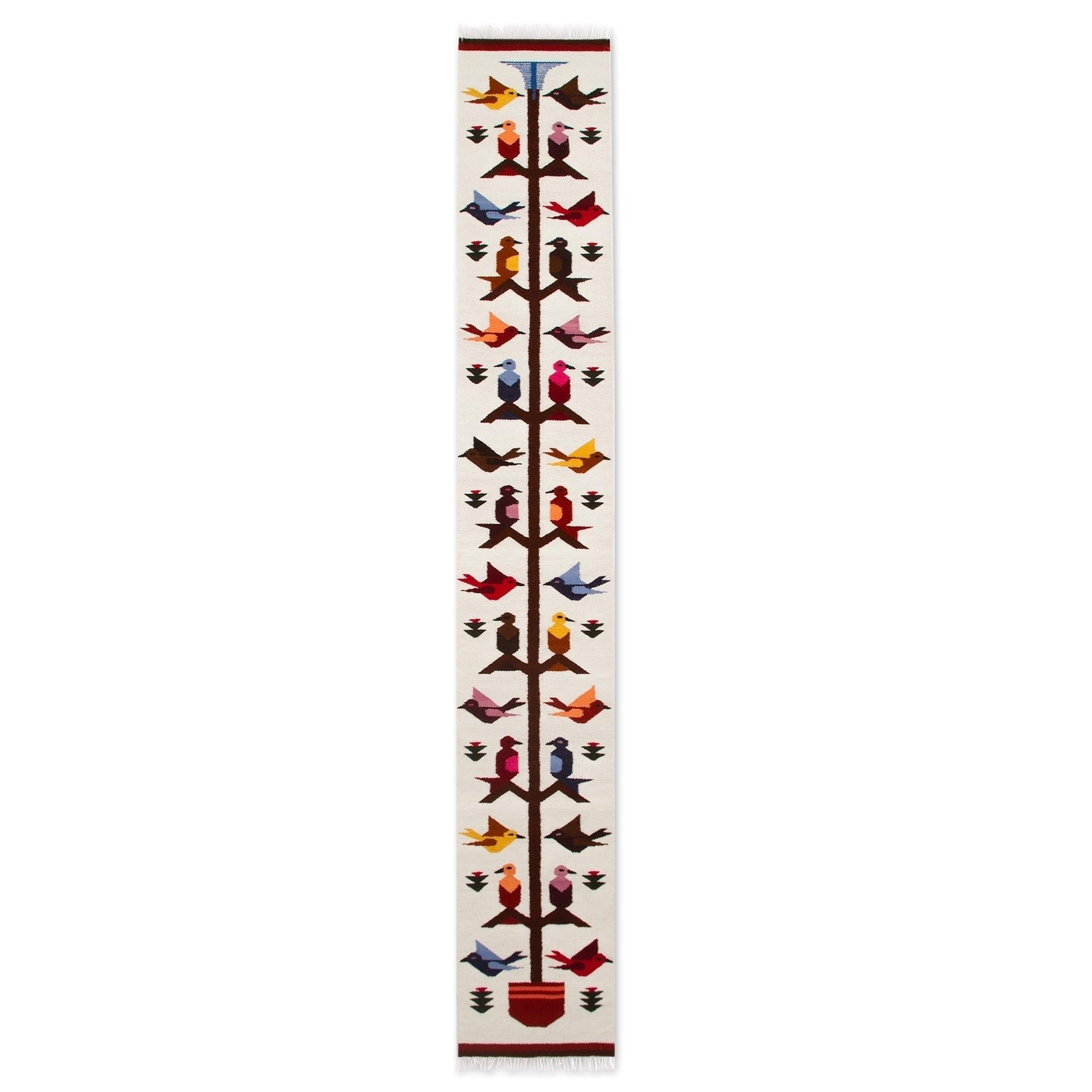 Handmade Aves Contemporary Handwoven Wool And Cotton With Self Fringe Multicolor Abstract Bird Theme Table Runner Peru