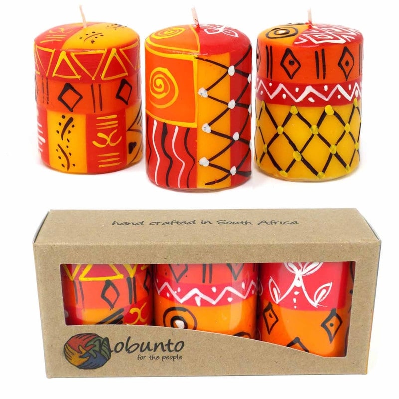 Set Of Three Boxed Hand Painted Mini Pillar Candles With Zahabu Design Set Of 3 Handmade In South Africa