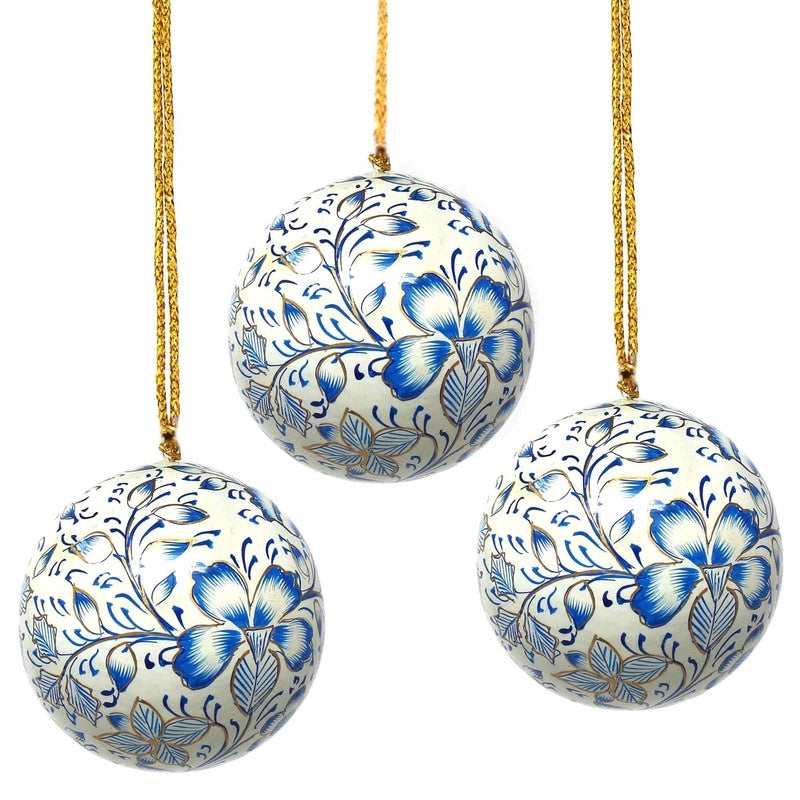 Handpainted Paper Mache Floral Ornaments Set Of 3 India
