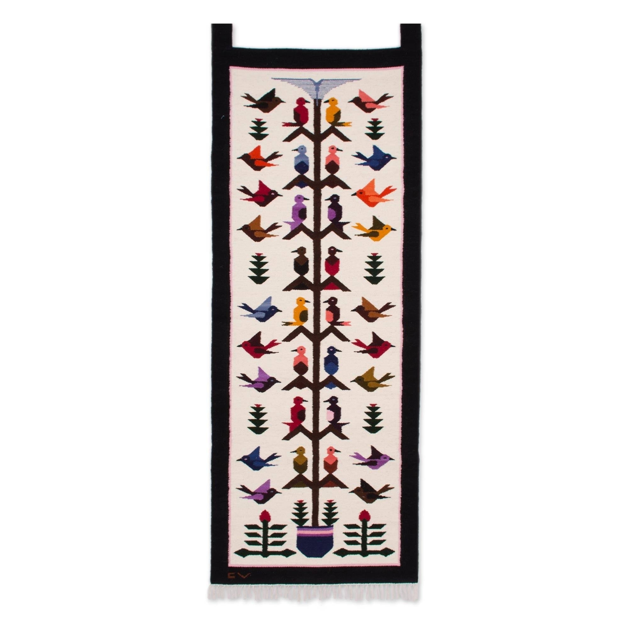 Handwoven Andean Birds On Cream Background Natural Dye Wool Wall Art Tapestry