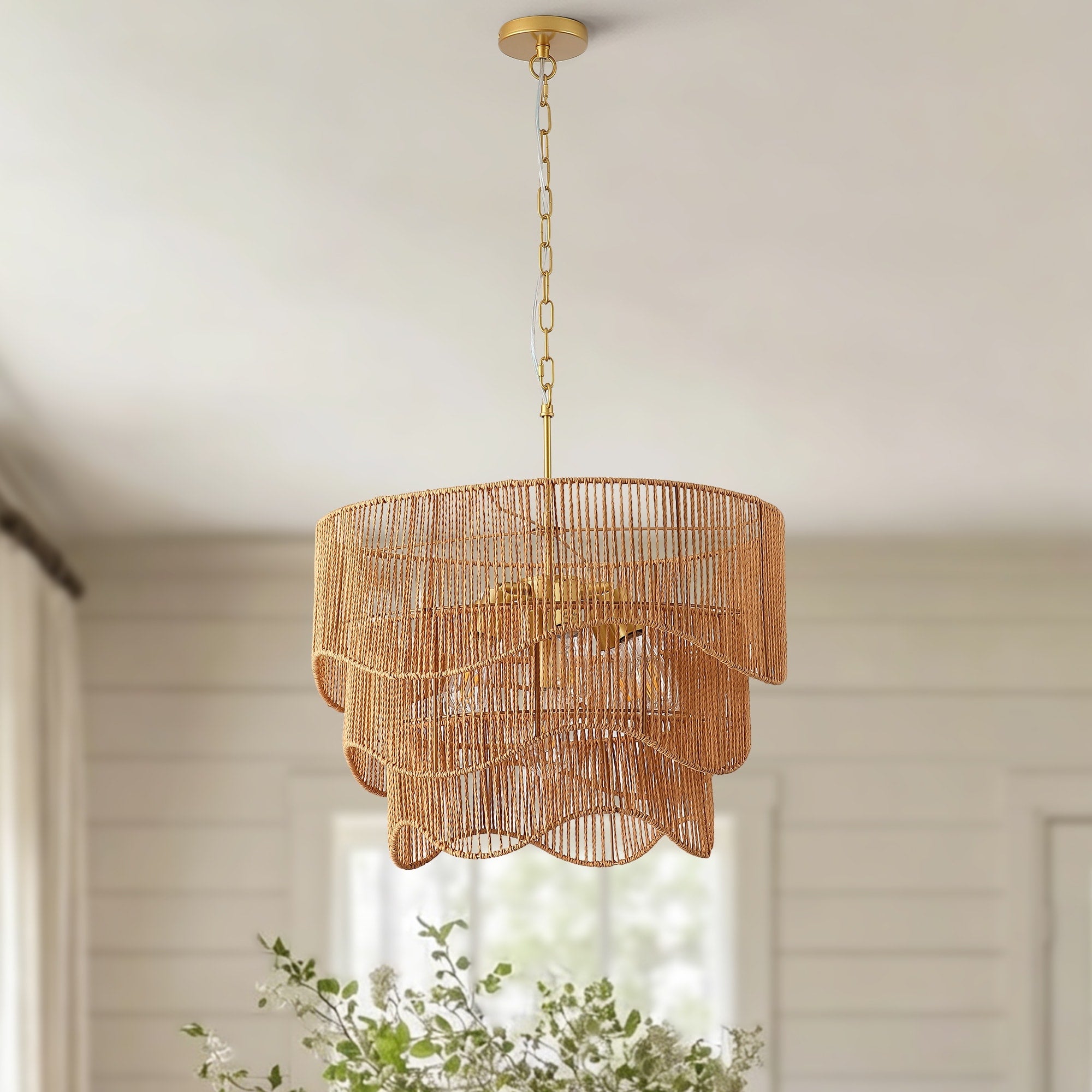 Handwoven Paper Rattan Boho Chandelier With 7 Light E26 Base 60Cm Adjustable Height Wave Pendant Light Dining Room