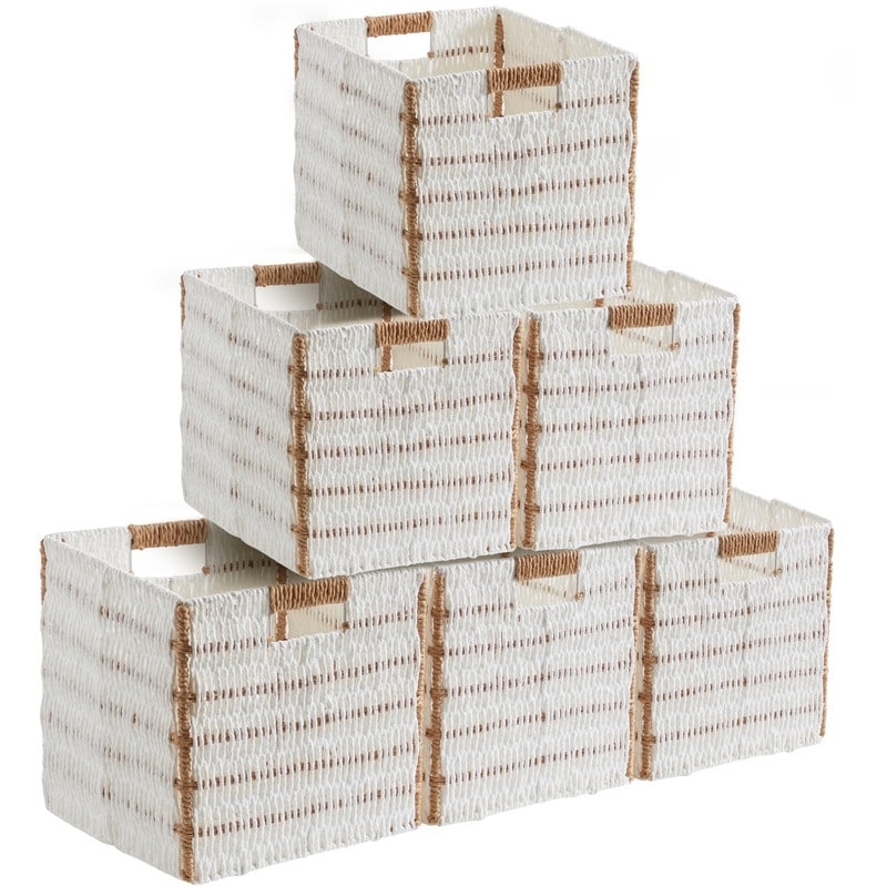 Handwoven Paper Wicker Storage Bins Set Of 6 Collapsible 13X13 Cube Baskets With Handles 6 Pack