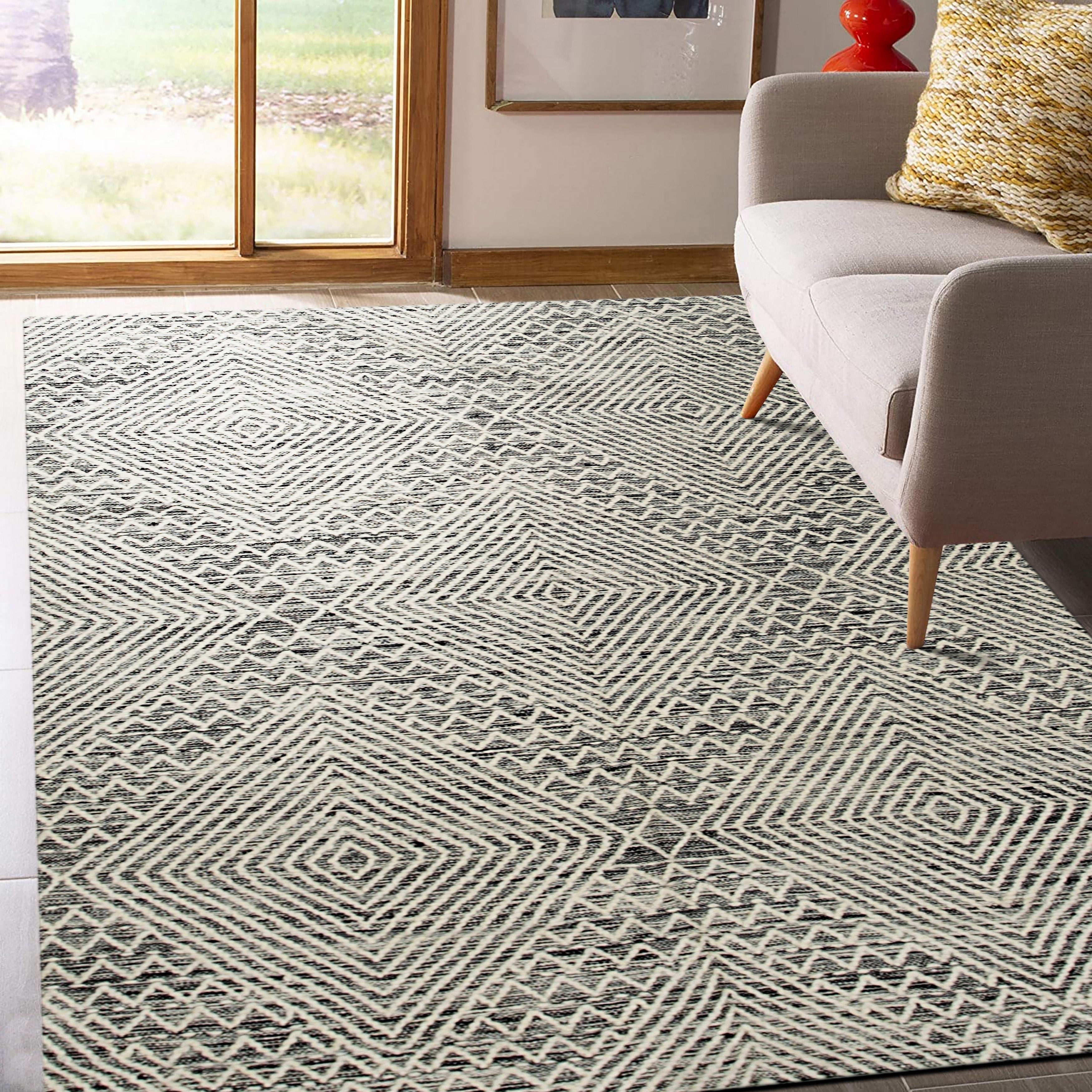 Handwoven Wool Black Contemporary Geometric Punja Killim Rug 2 X 8