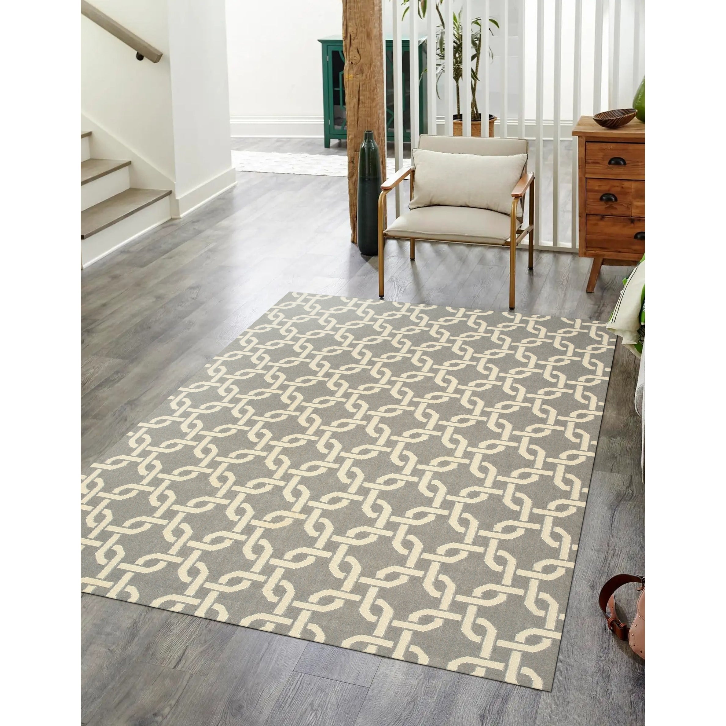 Handwoven Wool Gray Transitional Geometric Links Dhurrie Rug 79 X 99