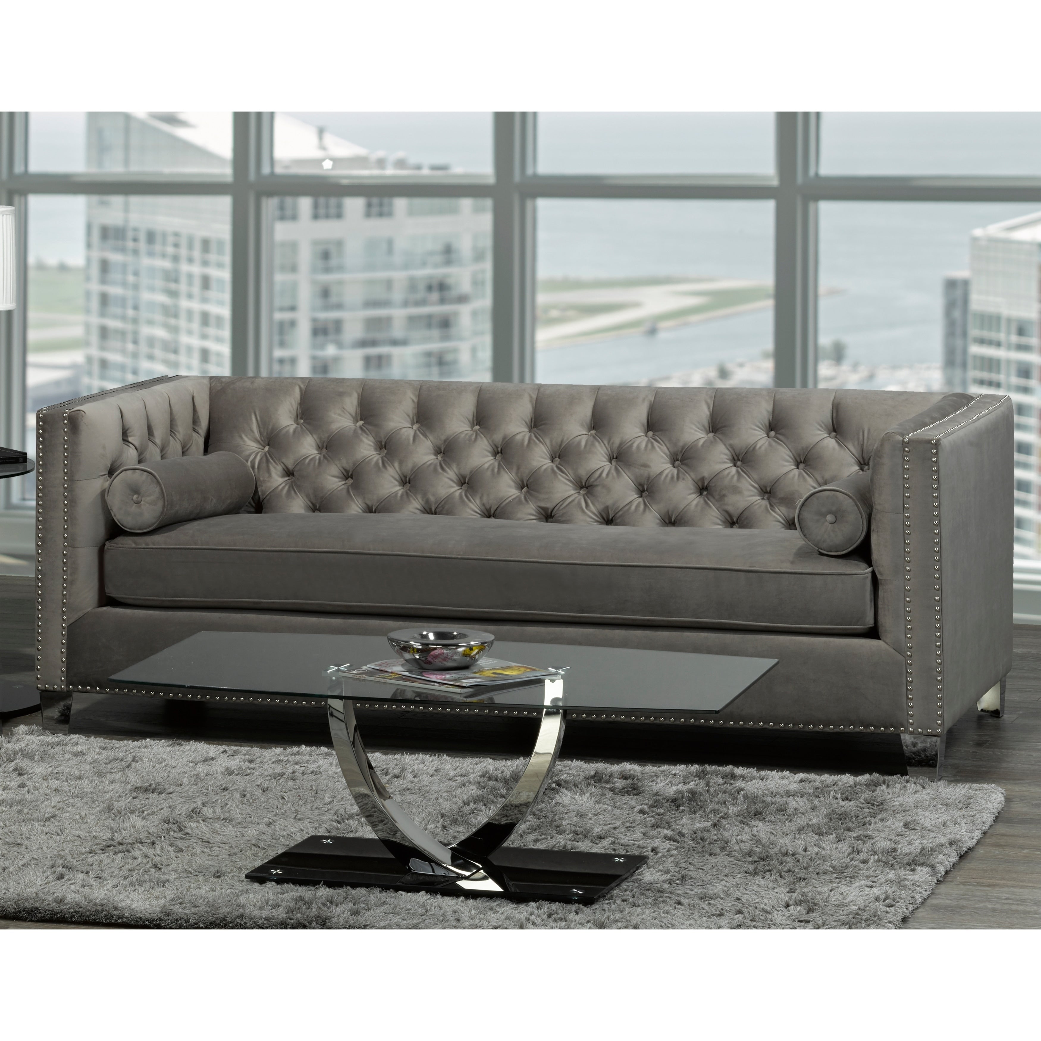 Hank Modern Grey Velvet Tufted Nailhead Sofa