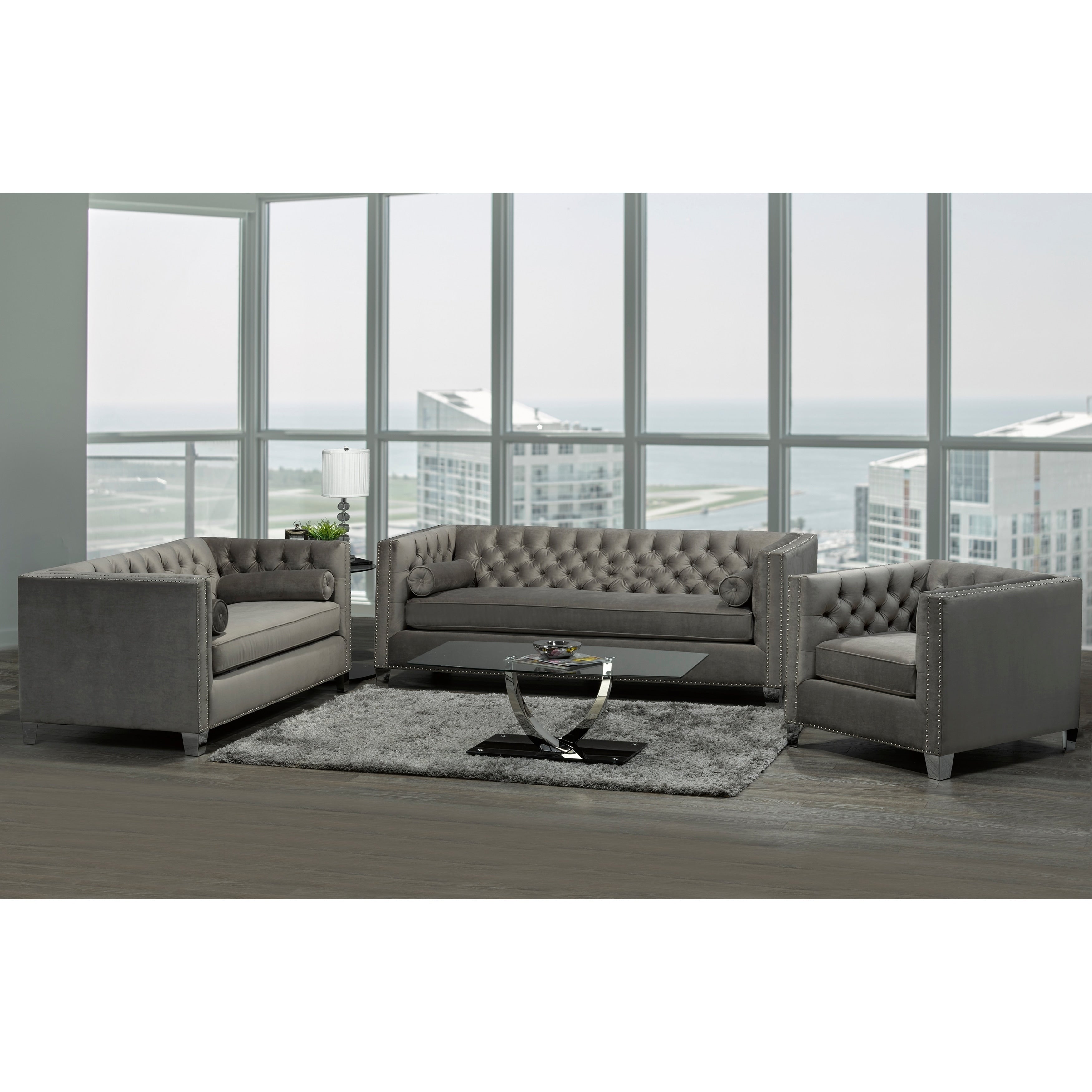 Hank Modern Grey Velvet Tufted Nailhead Sofa Loveseat And Chair
