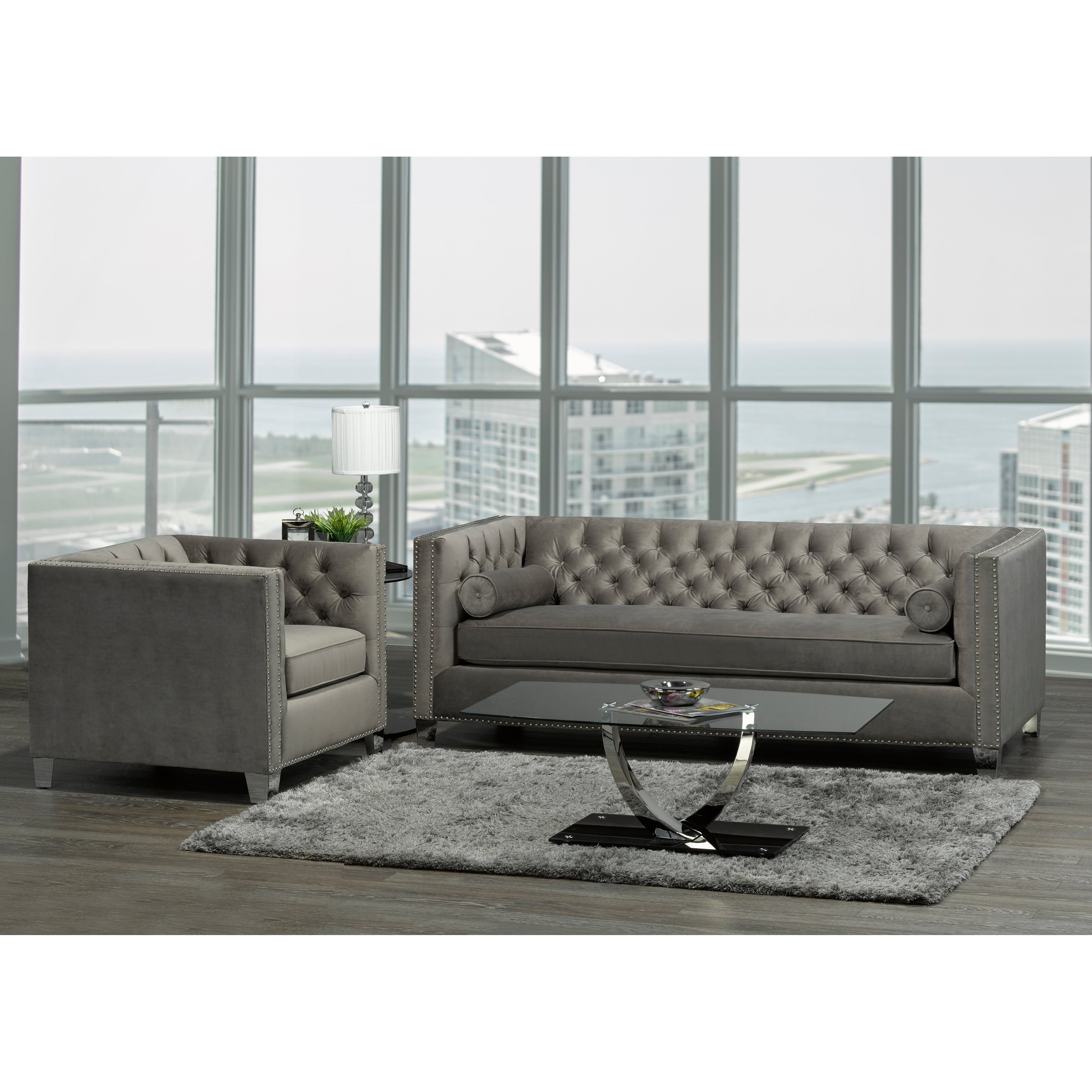 Hank Modern Grey Velvet Tufted Nailhead Sofa And Chair