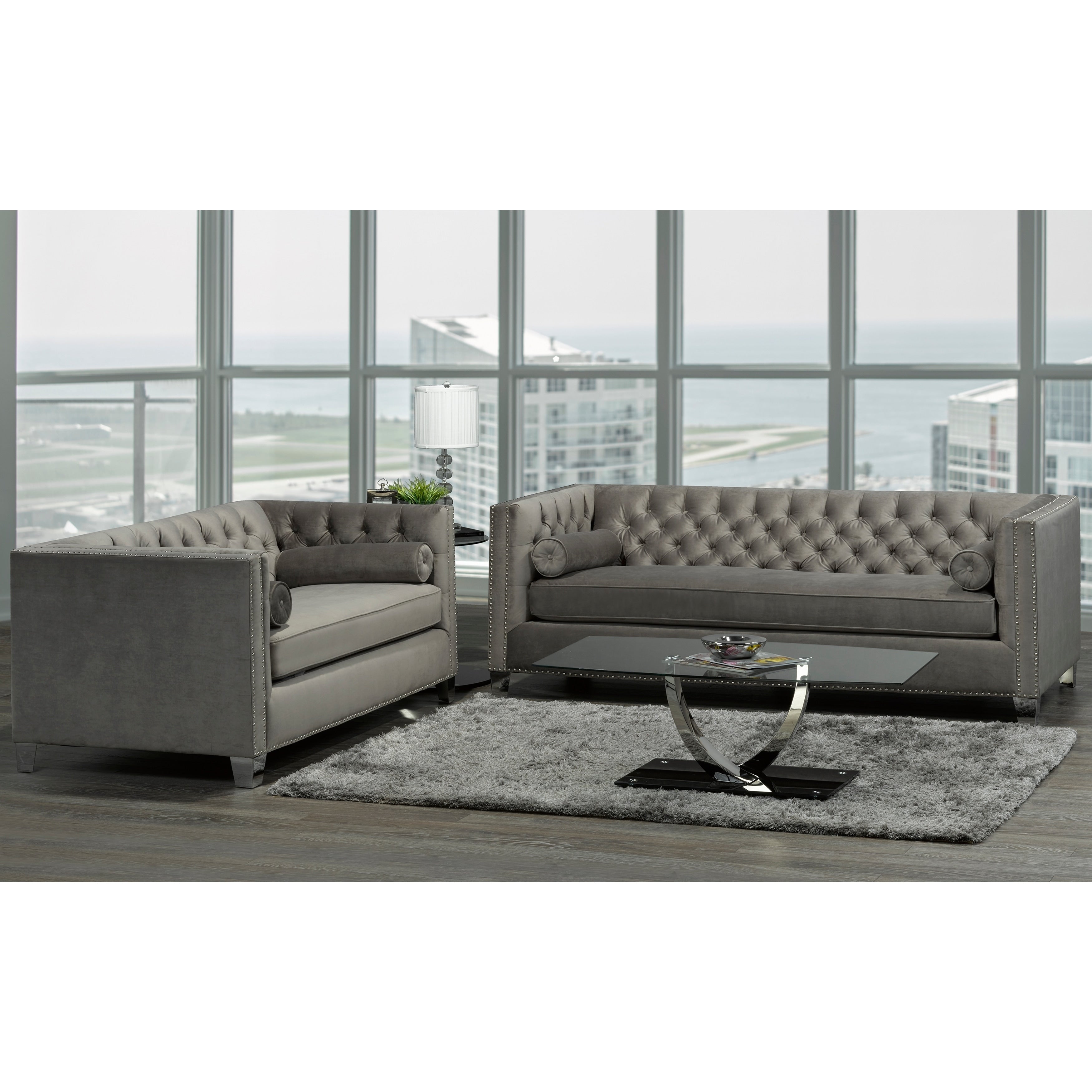 Hank Modern Grey Velvet Tufted Nailhead Sofa And Loveseat