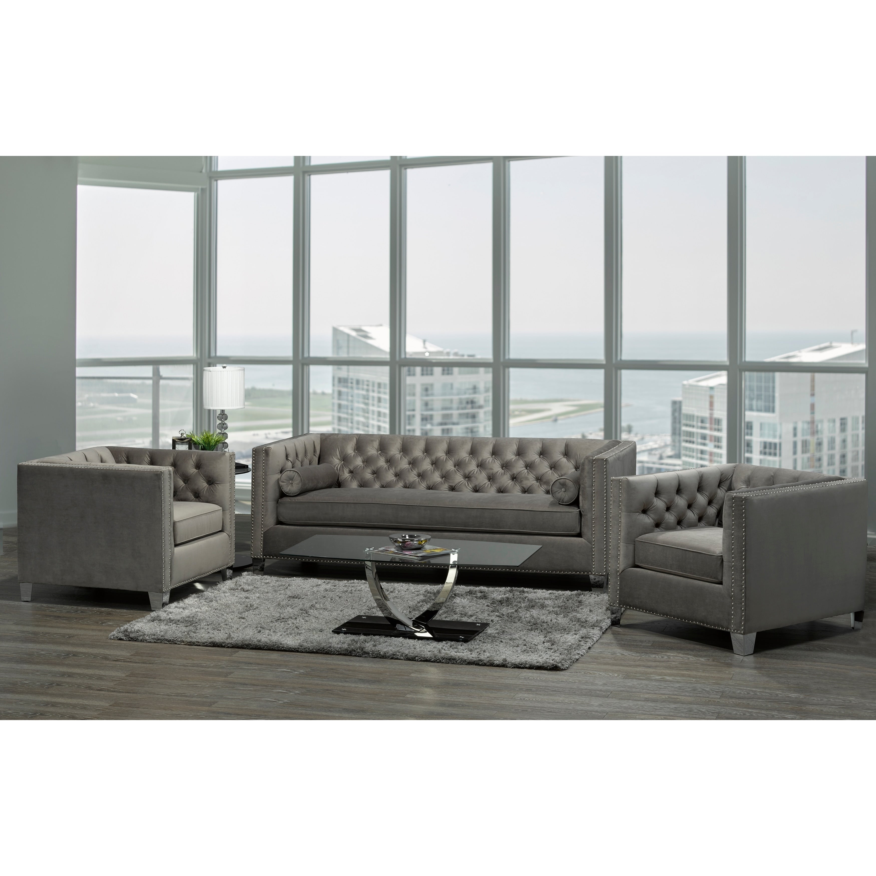 Hank Modern Grey Velvet Tufted Nailhead Sofa And Two Chairs