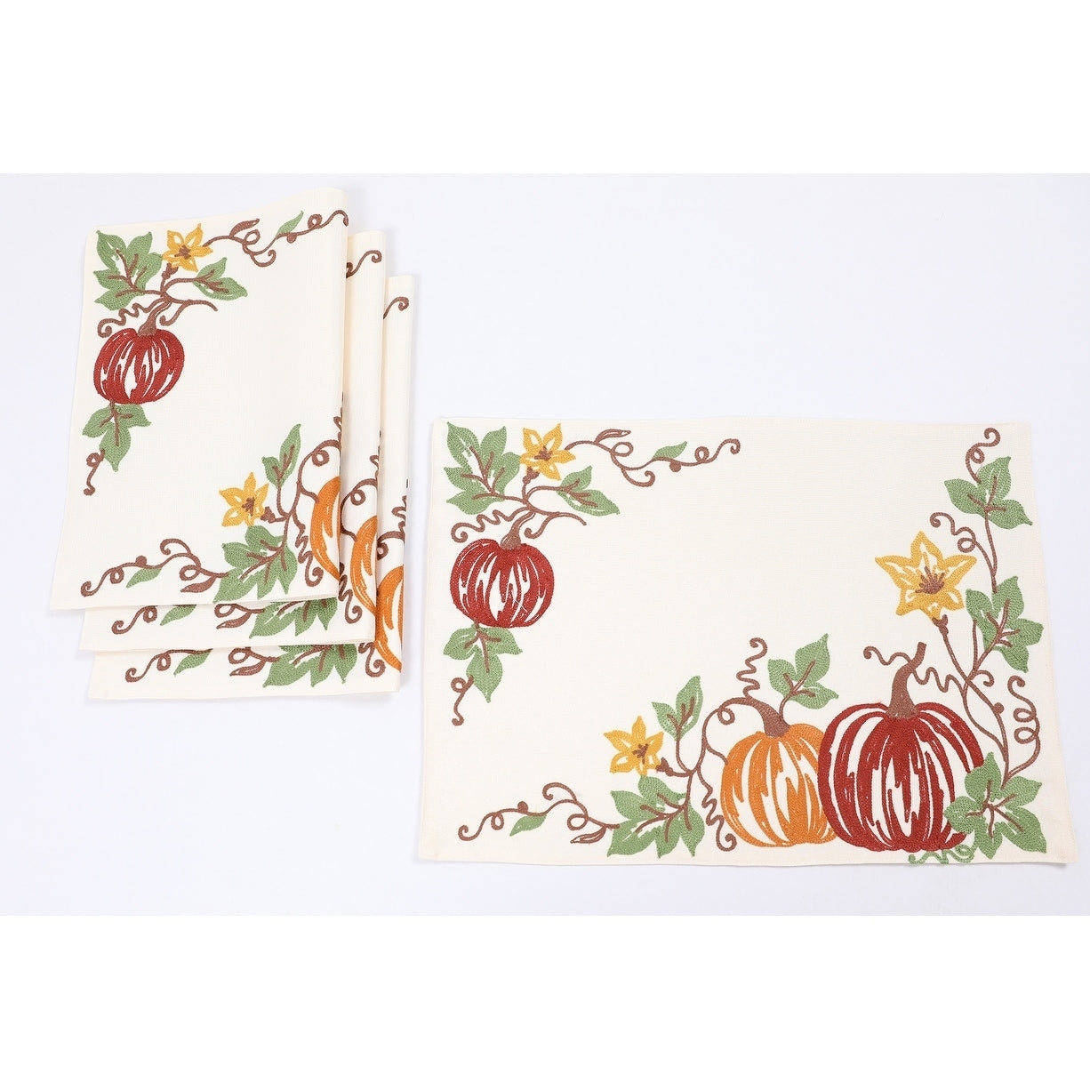 Happy Fall Pumpkins Crewel Embroidered Placemats 14 By 20 Inch Set Of 4 Cream