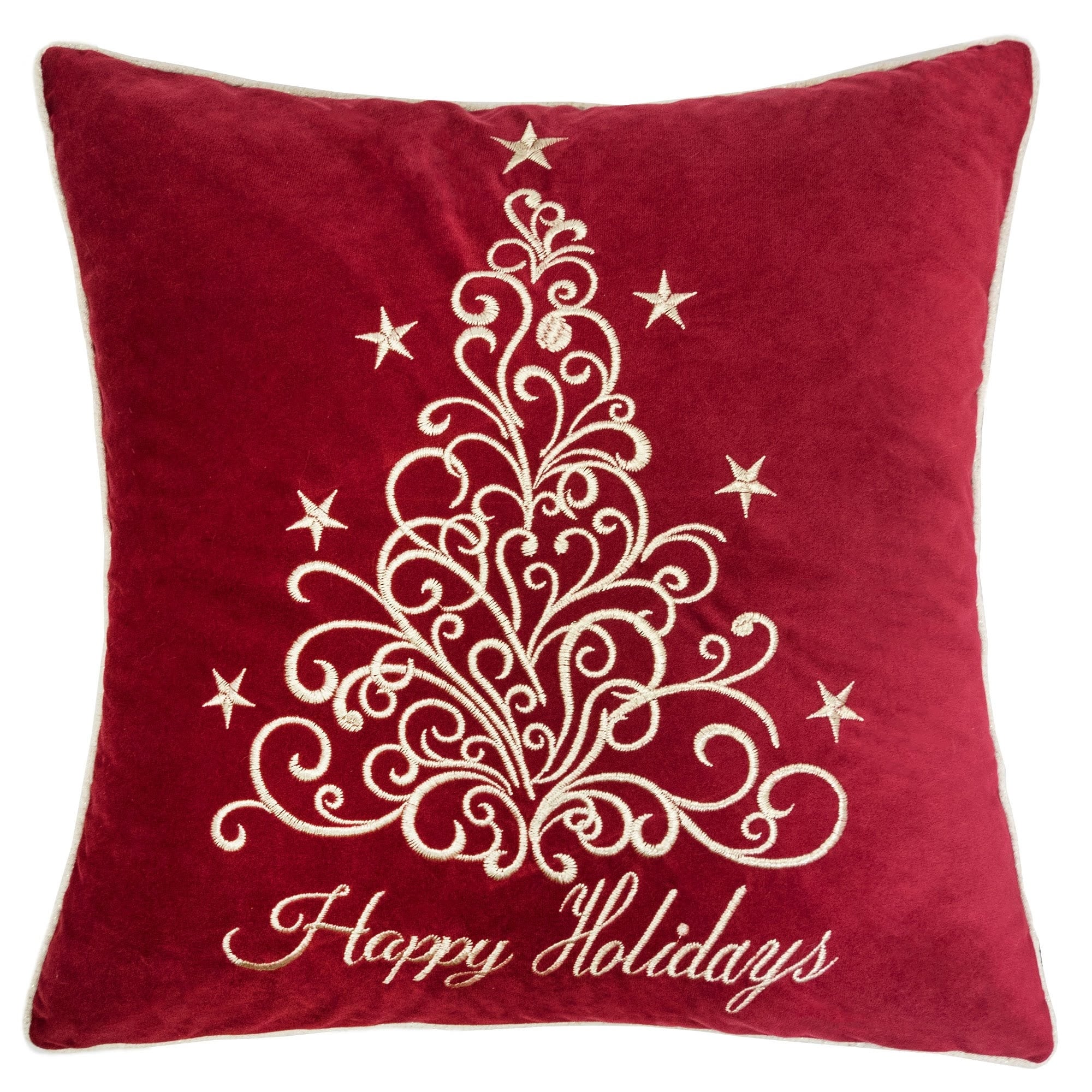 Happy Holidays Embroidered Velvet Throw Pillow 20X20 Red Christmas Accent Cushion With Gold Detailing Set Of 2