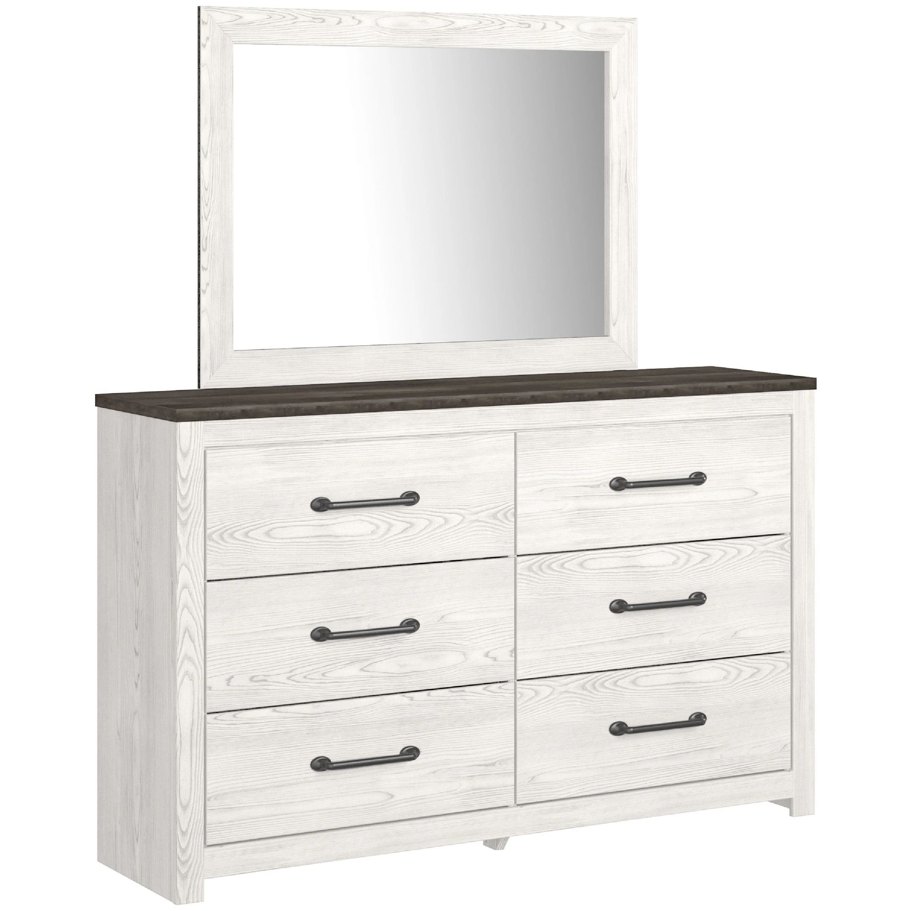 Hara 2Pc Dresser And Mirror Set 6 Drawers Farmhouse Dark Gray And White