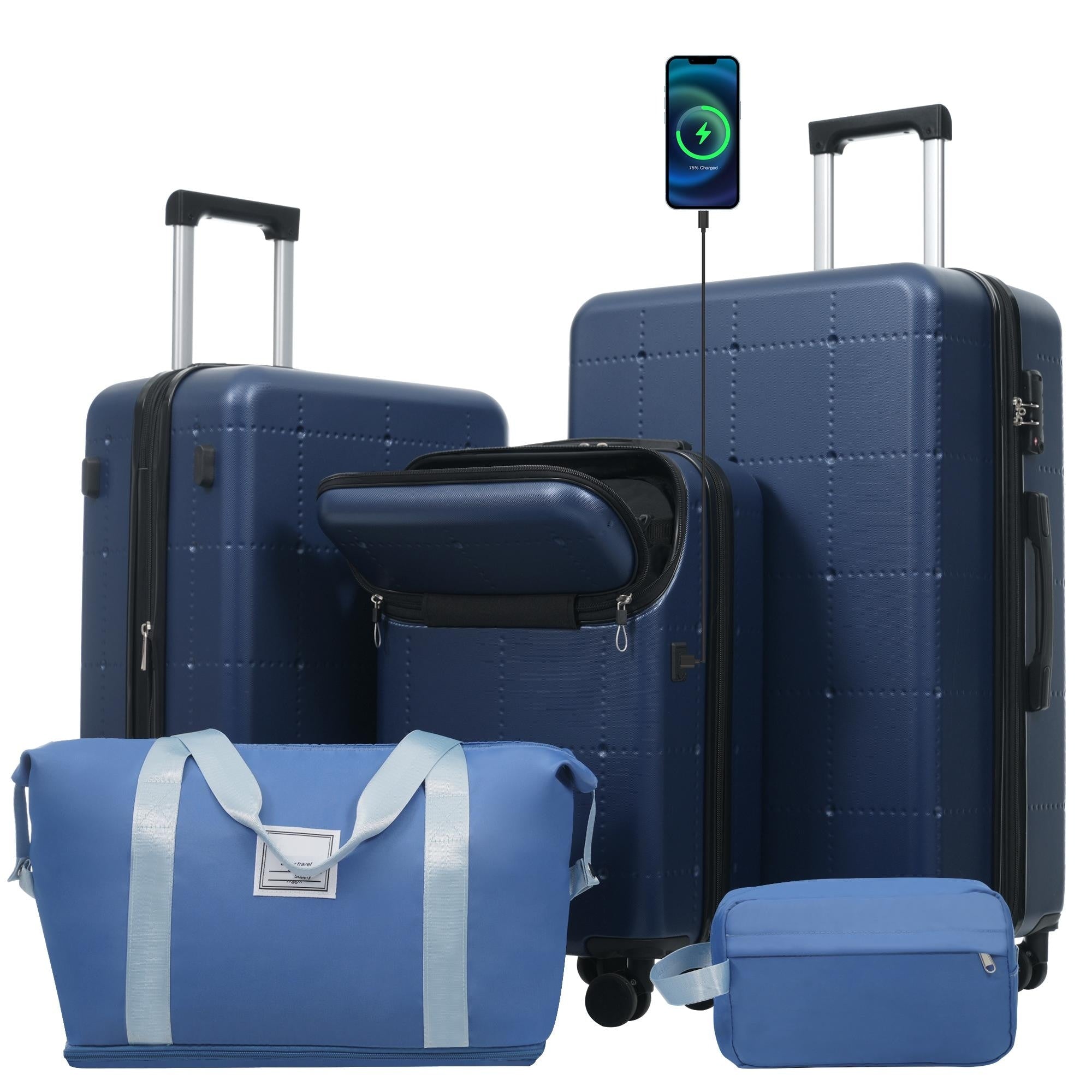 Hardside Luggage Set 5 Piece With Bags 20In Half Opening Carry On Luggage With Usb Port 24In 28In Luggage With Double Wheels