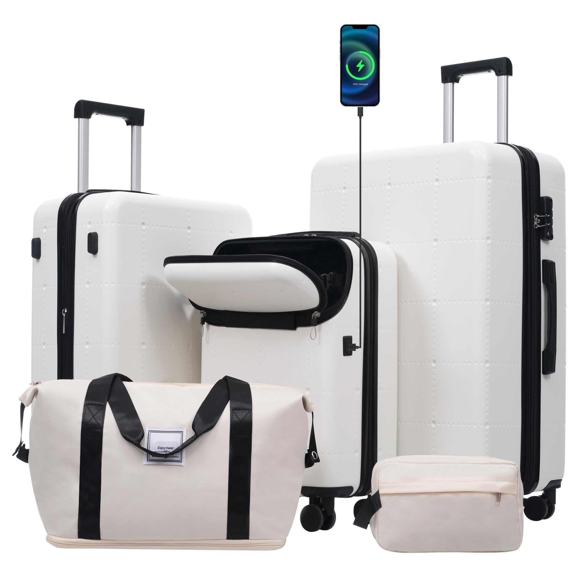Hardside Luggage Set 5 Piece With Bags 20In Half Opening Carry On Luggage With Usb Port 24In 28In Luggage With Double Wheels