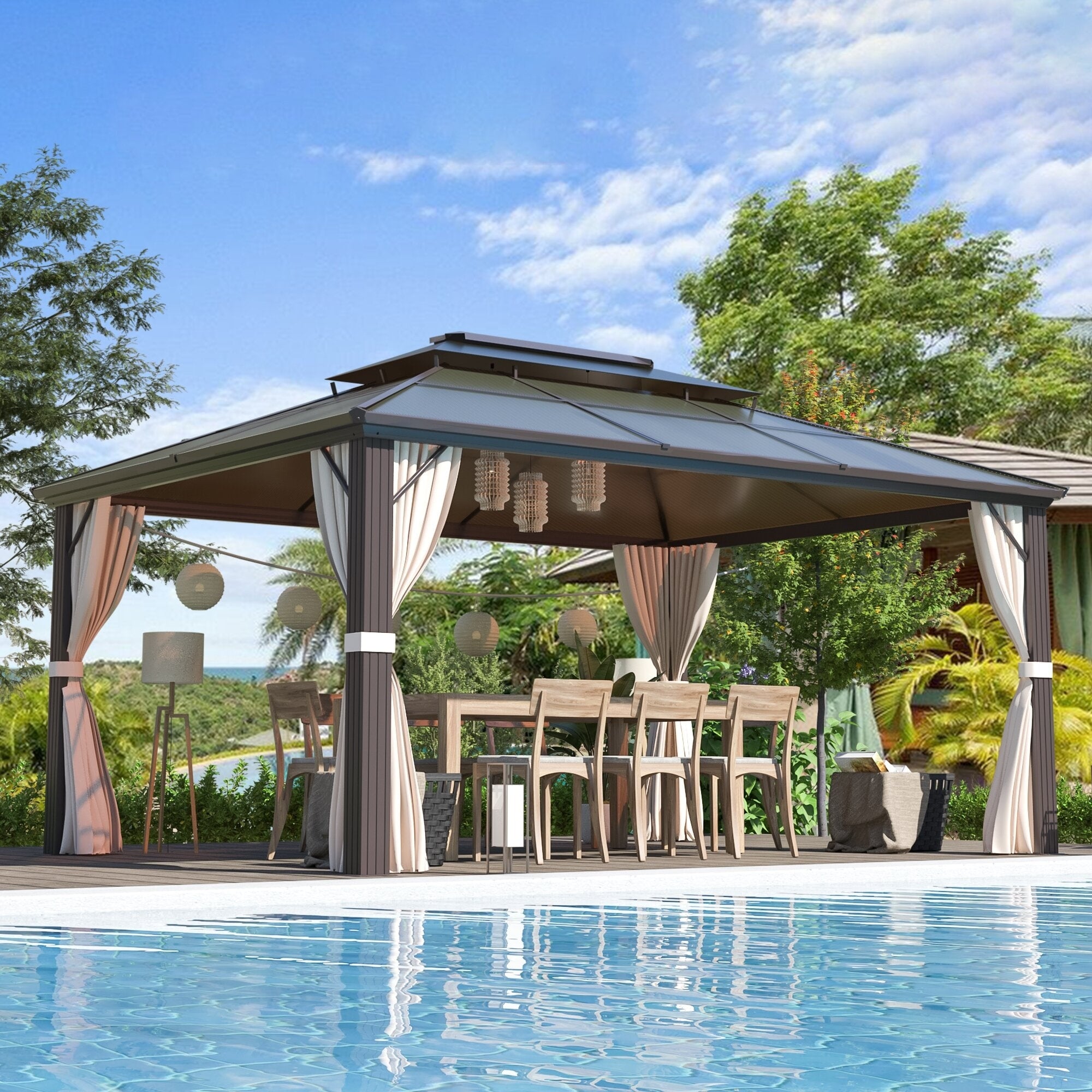 10X13Ft Outdoor Double Roof Gazebo With Netting And Curtains