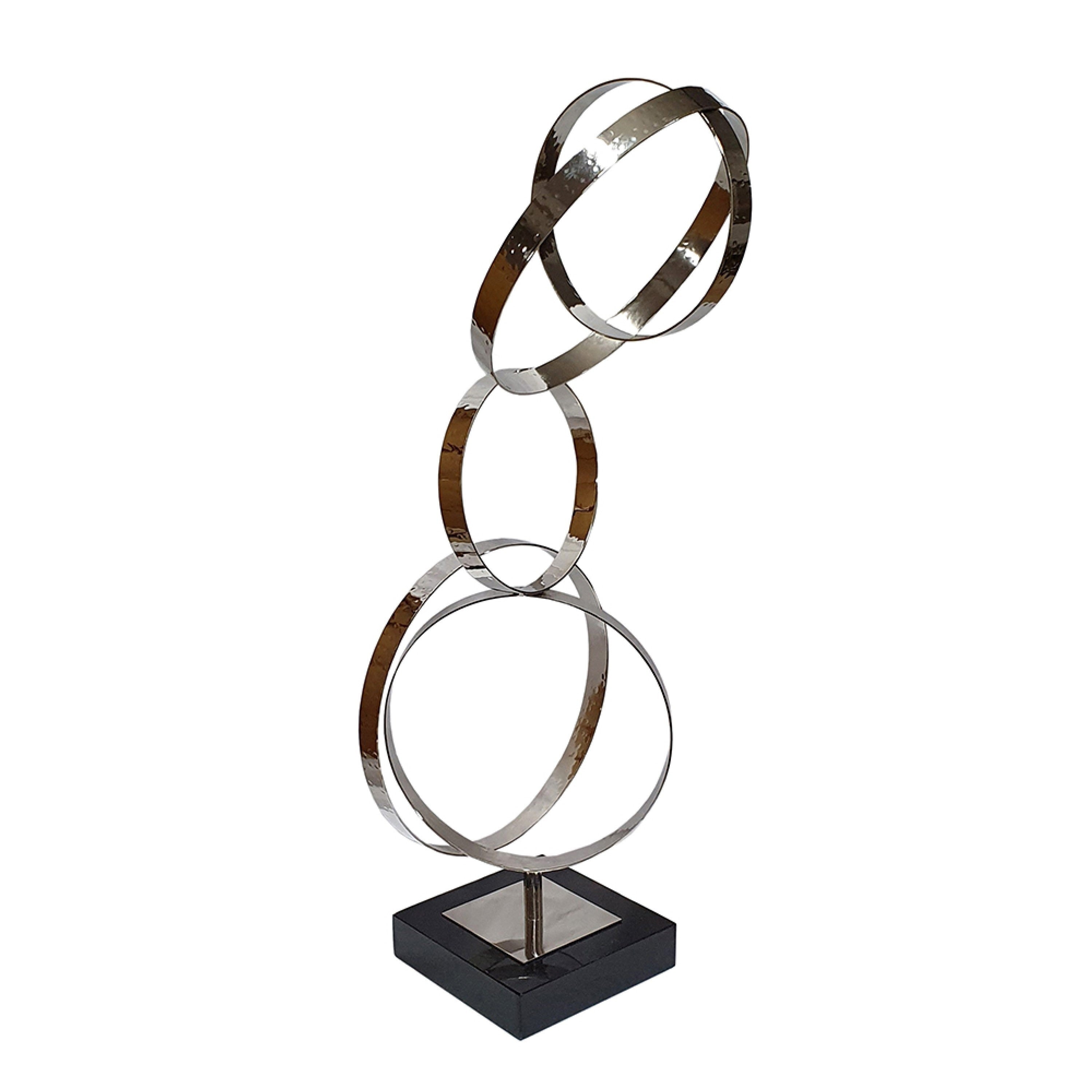 Haren Large Sculpture Silver Steel Intertwined Rings Black Marble 23 Inch