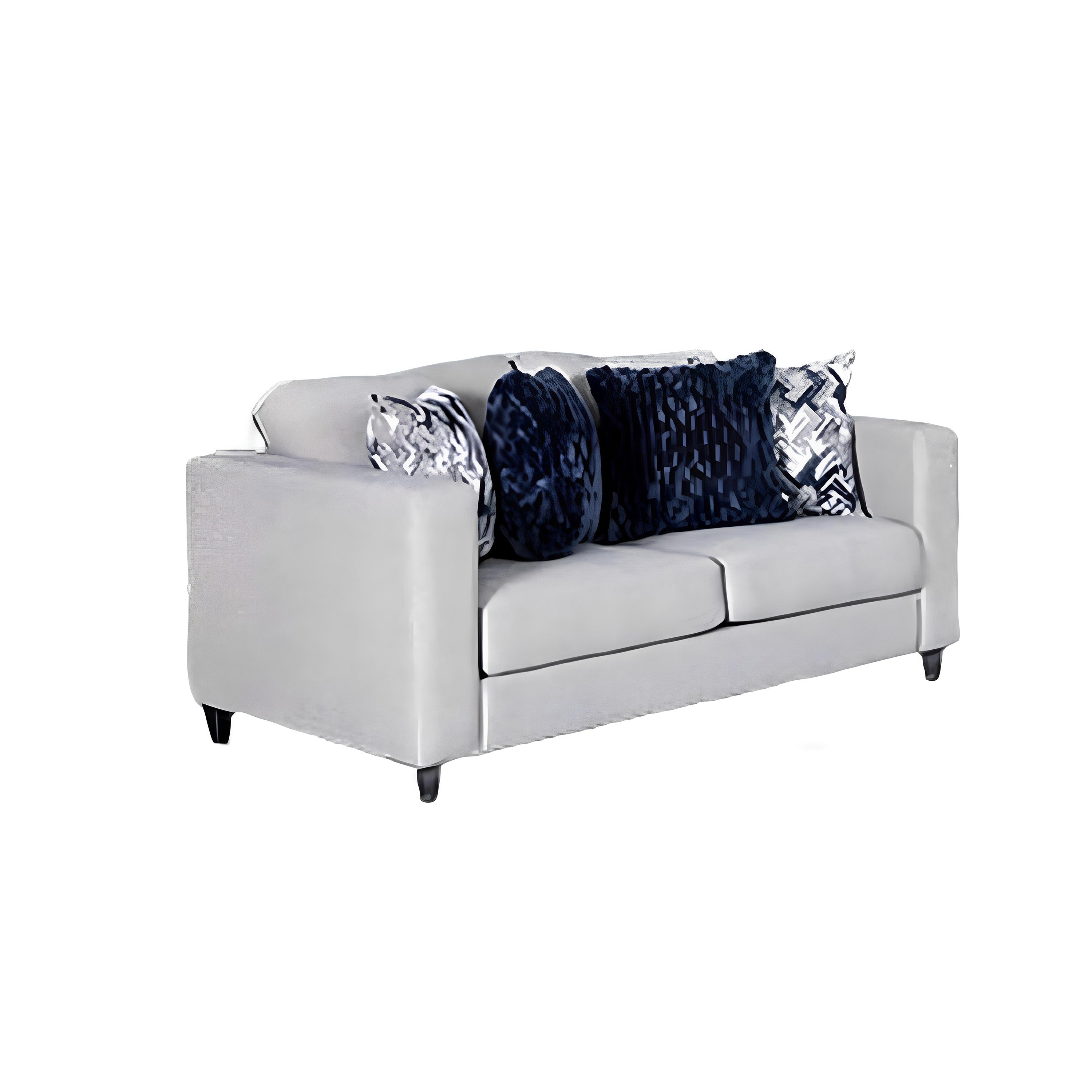 Harie Loveseat 4 Blue Throw Pillows Light Gray Chenille 67 Inch
