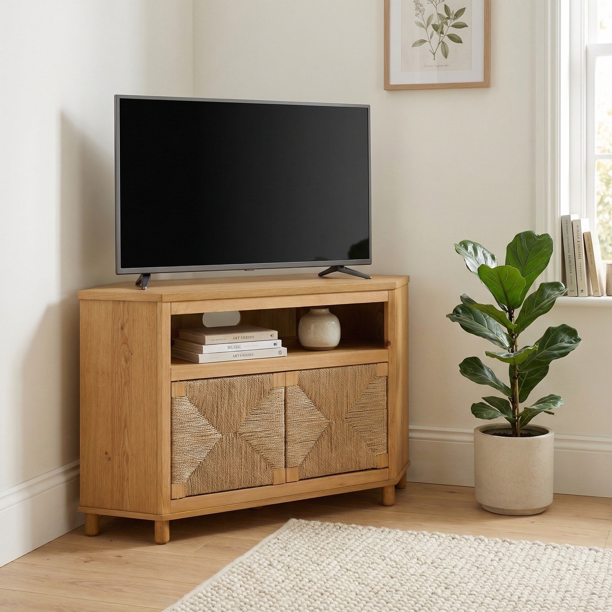 Harlow 49.5 Wood And Seagrass Corner Tv Stand Fits Tvs Up To 55 Inches