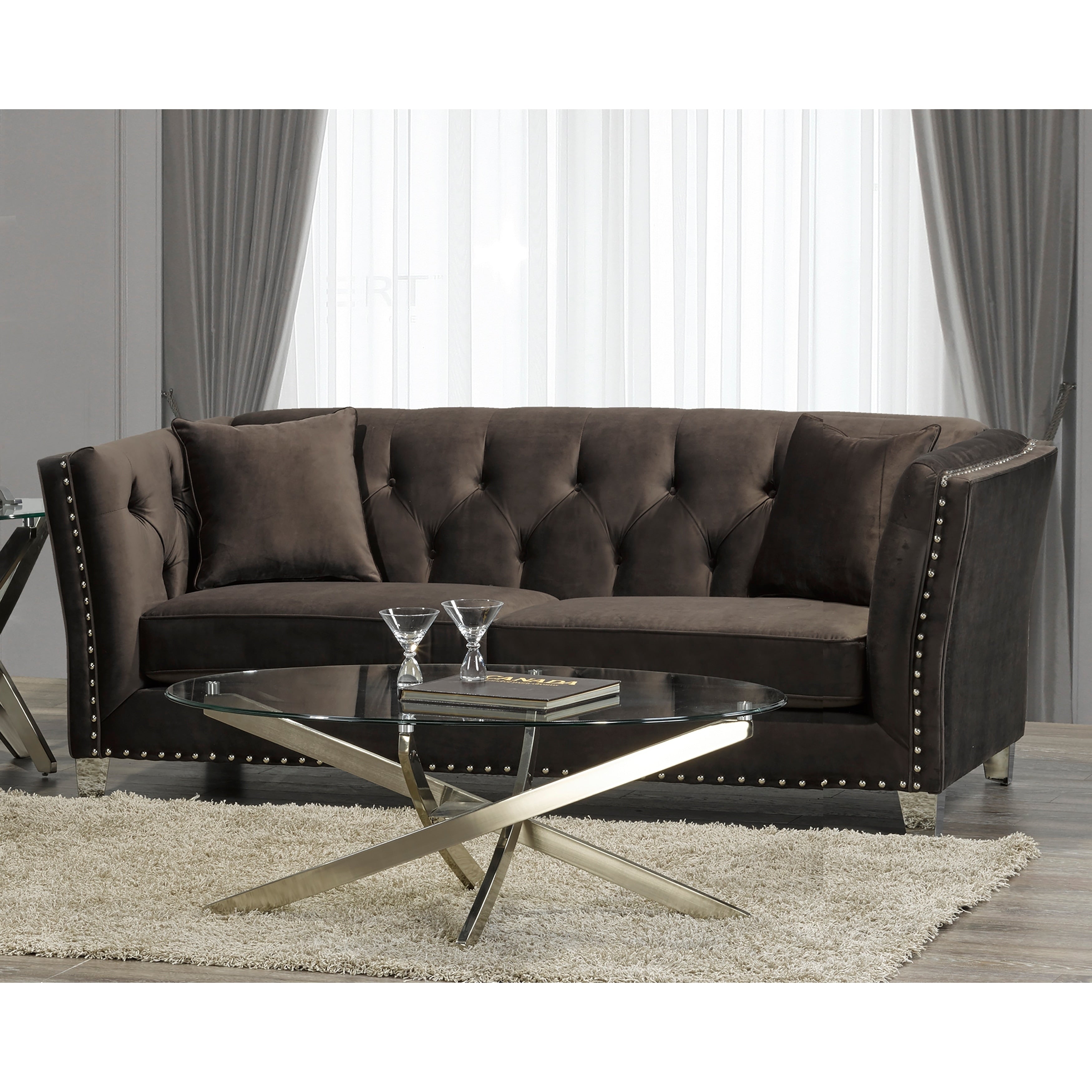 Harlow Modern Chocolate Brown Velvet Tufted Nailhead Sofa