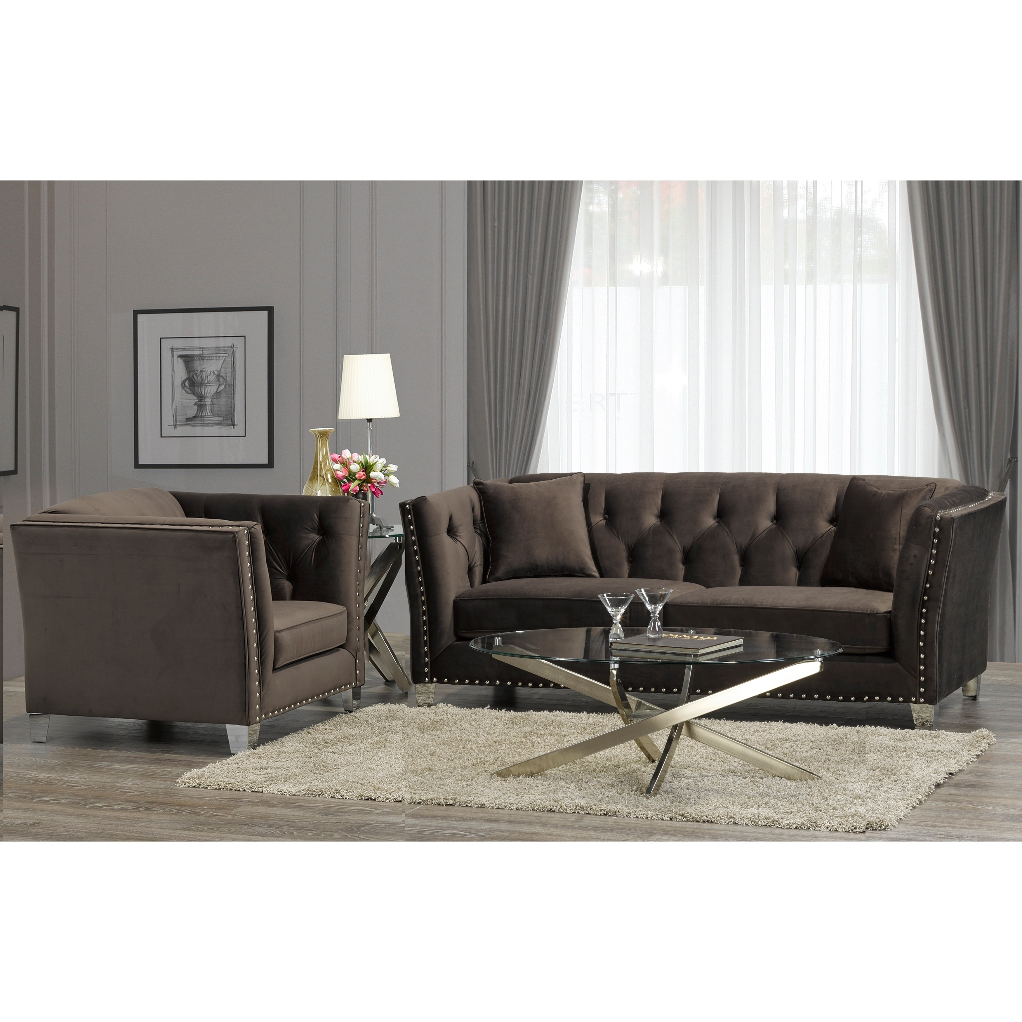 Harlow Modern Chocolate Brown Velvet Tufted Nailhead Sofa And Chair