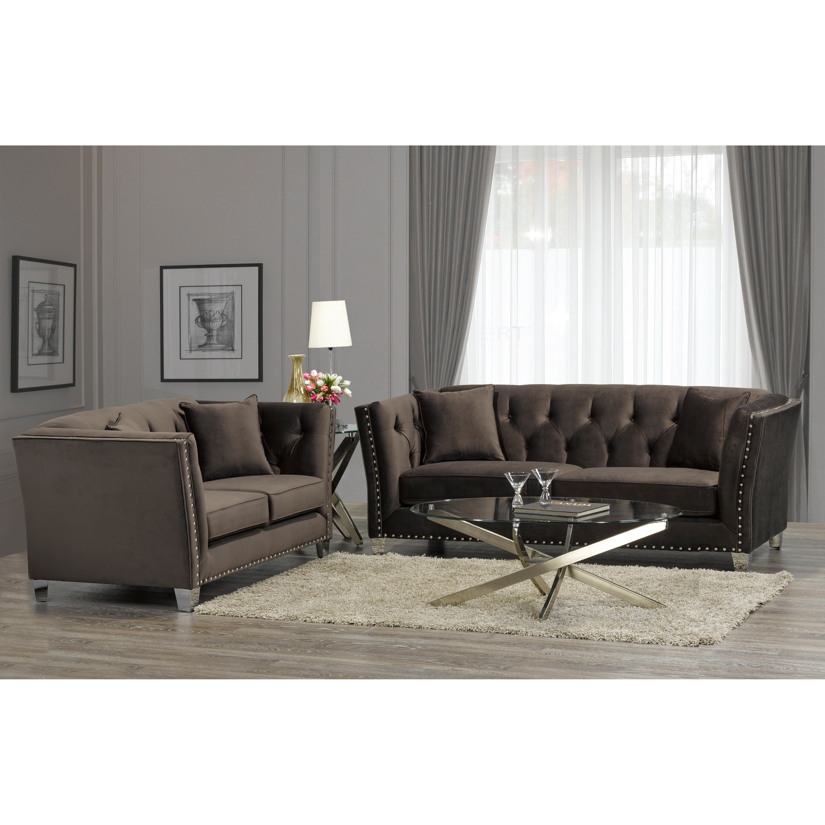 Harlow Modern Chocolate Brown Velvet Tufted Nailhead Sofa And Loveseat