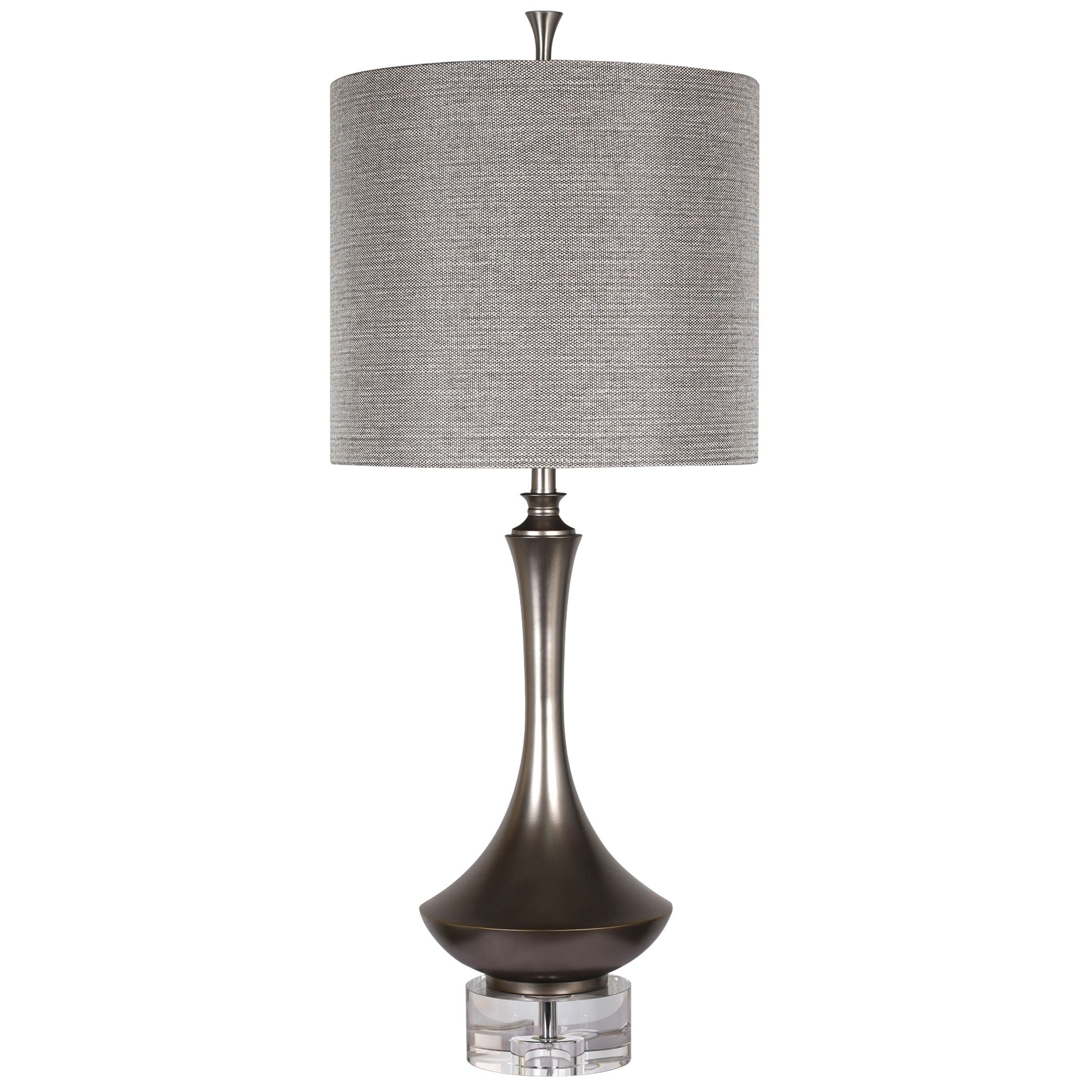 Harp Finial Arlington 1 Light Charcoal Table Lamp With Crystal Base Grey Hardback Fabric Shade