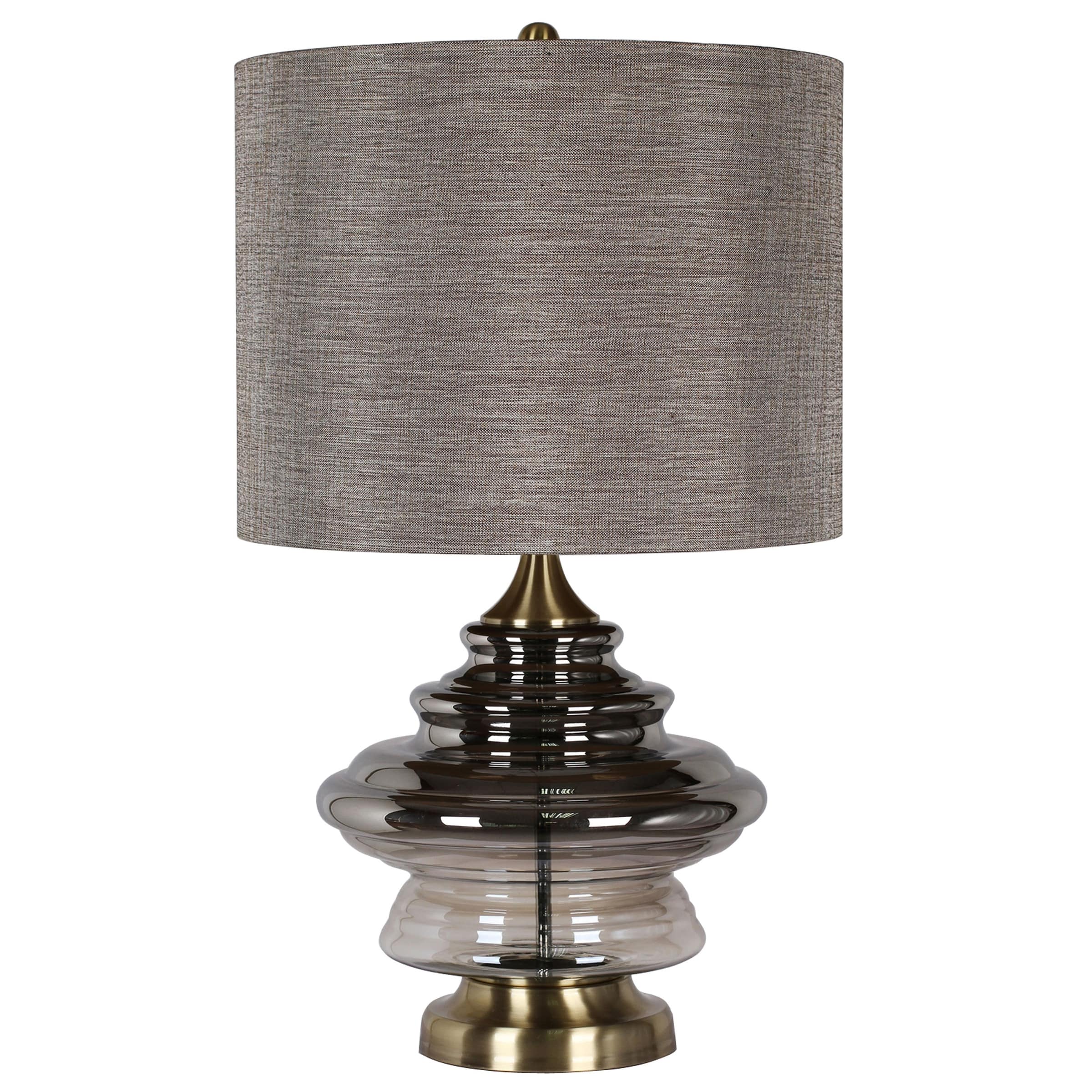 Harp Finial Kimball 1 Light Antique Soft Brass Table Lamp Grey Hardback Fabric Shade
