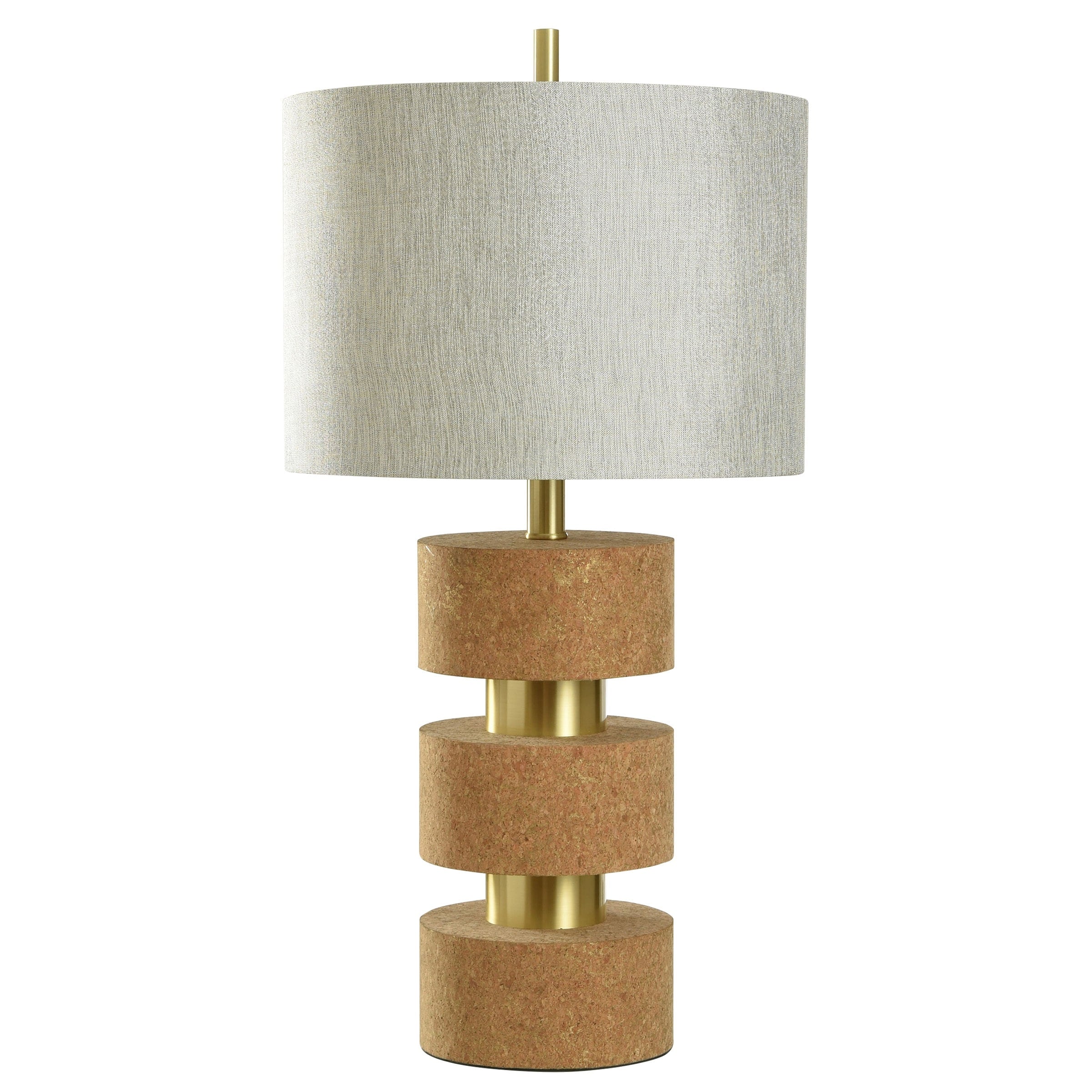 Harp Finial Strata Cork Table Lamp Brown Brass Light Grey Shade