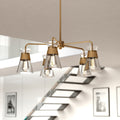 Harper 5 Light 27 In. Wide Natural Brass Gold Mid Century Modern Chandelier With Clear Glass Cone Shade Ceiling Fixture
