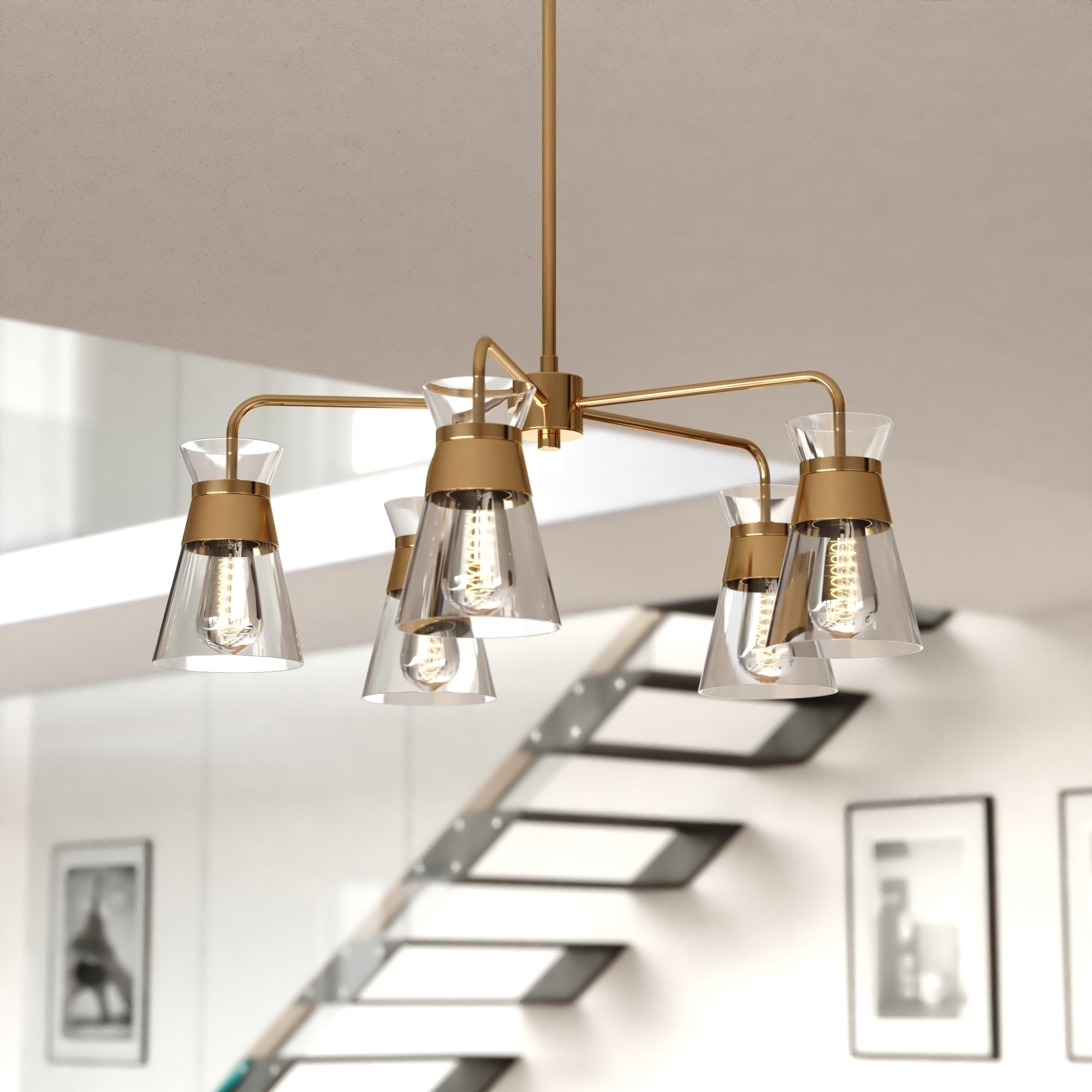 Harper 5 Light 27 In. Wide Natural Brass Gold Mid Century Modern Chandelier With Clear Glass Cone Shade Ceiling Fixture