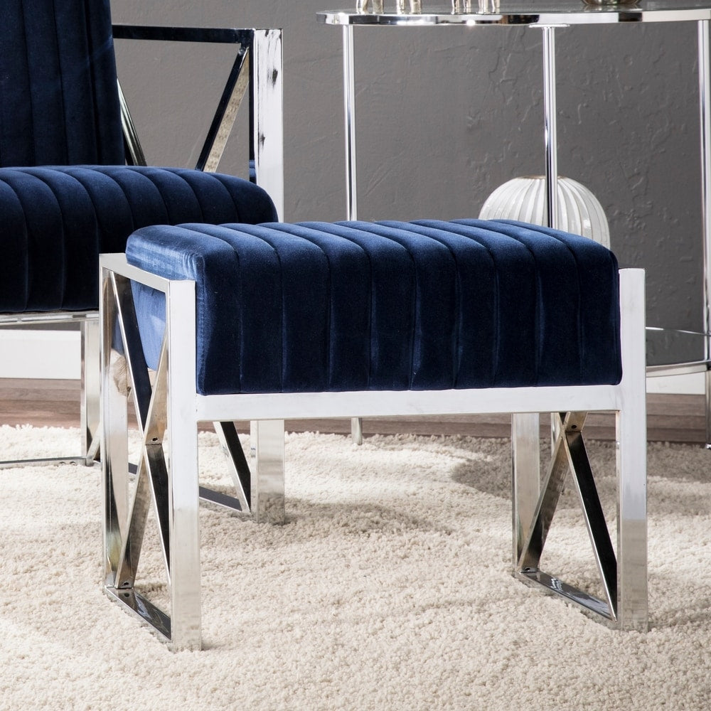 Silver Orchid Brent Blue Velveteen Ottoman With Chrome Finish Frame