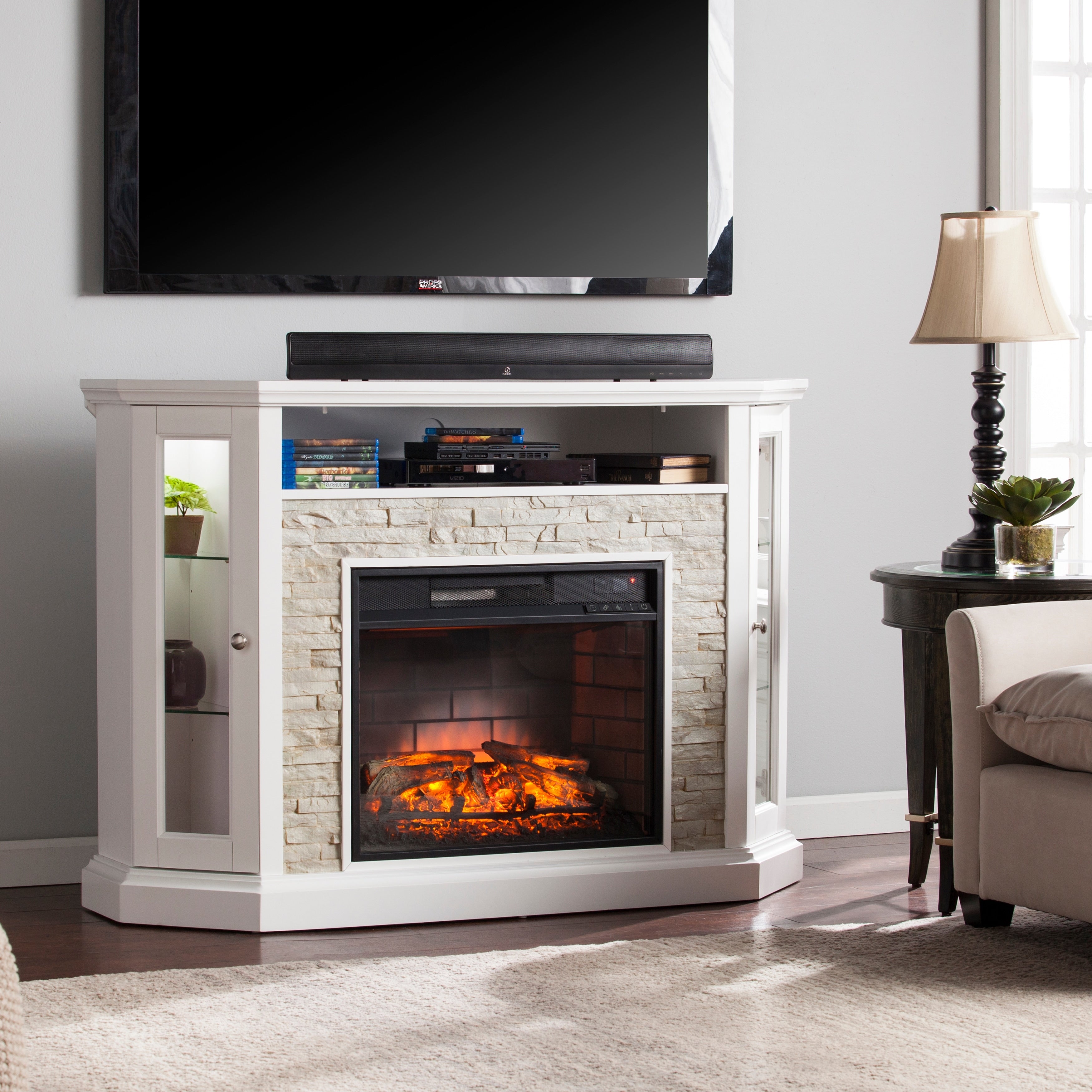 Harper Blvd Ratner Faux Stone Fresh White Corner Convertible Fireplace