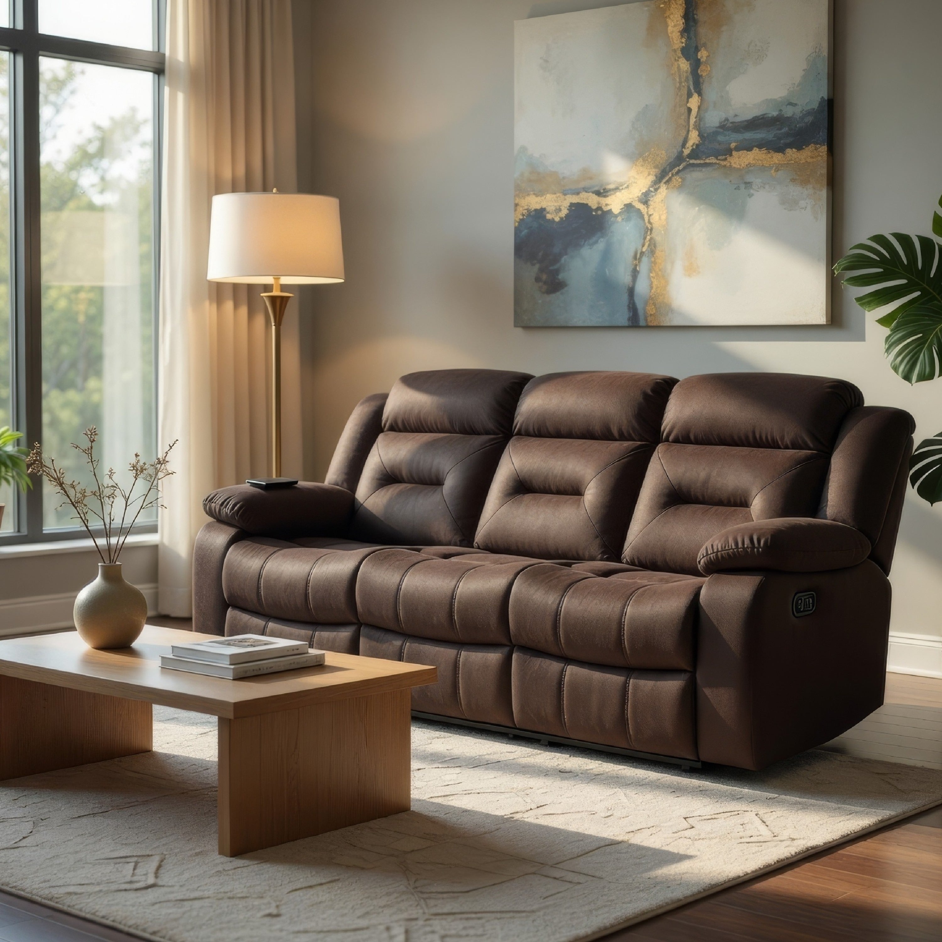 Harper Manual Reclining Sofa Usb Port Brown Tufted Velvet 84 Inch