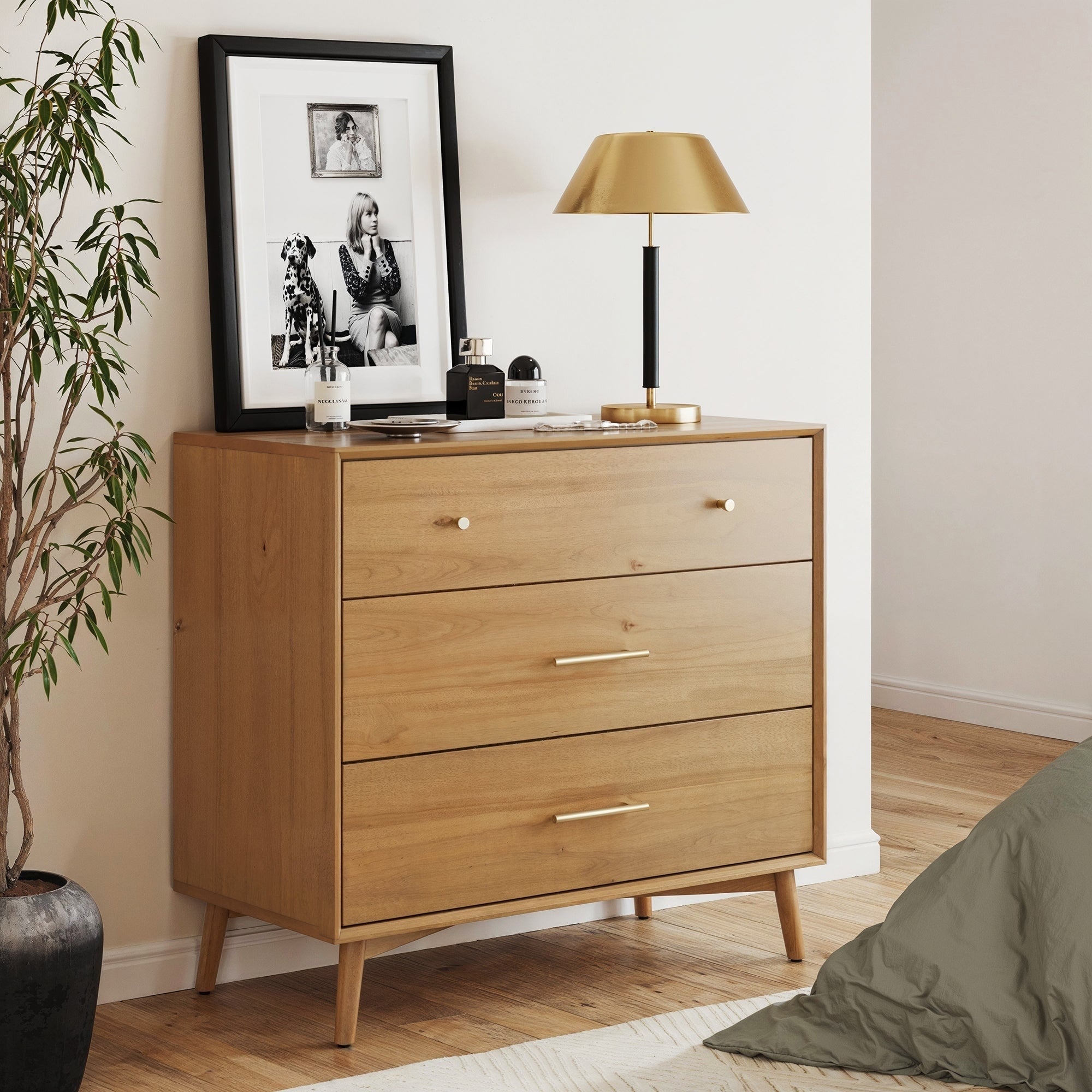 Harper Mid Century Modern Dresser Solid Wood Dresser For Bedroom With 3 Drawers And Metal Drawer Pulls