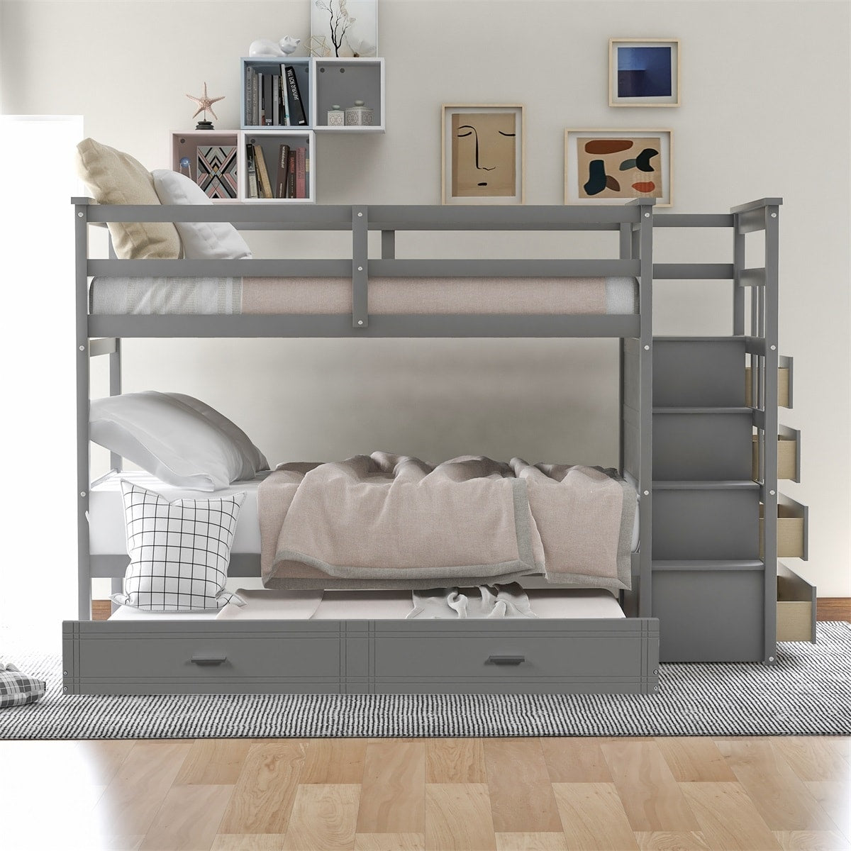 Harper Bright Designs Twin Over Twin Bunk Bed With Trundle And Staircase