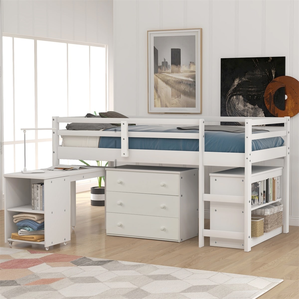 Harper Bright Design Twin Low Study Loft Bed With Cabinet And Rolling Portable Desk