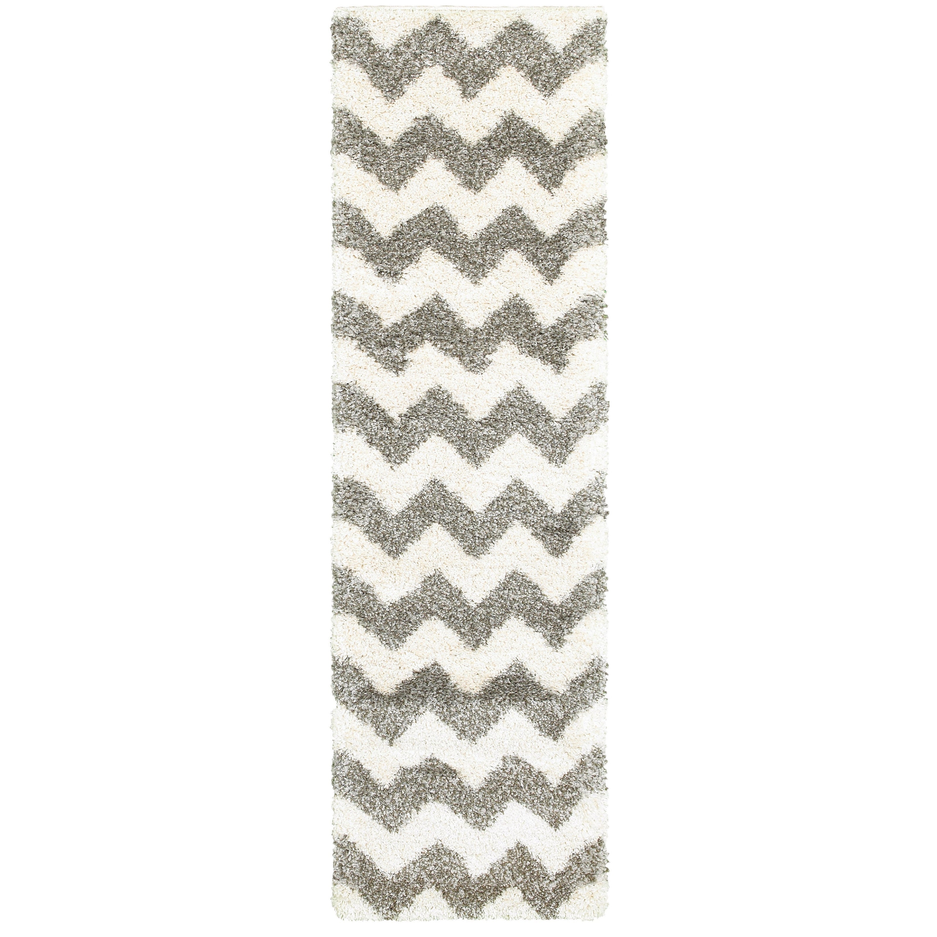Chevron Stripes Grey Ivory Shag Rug 110 X 33 110 X 33