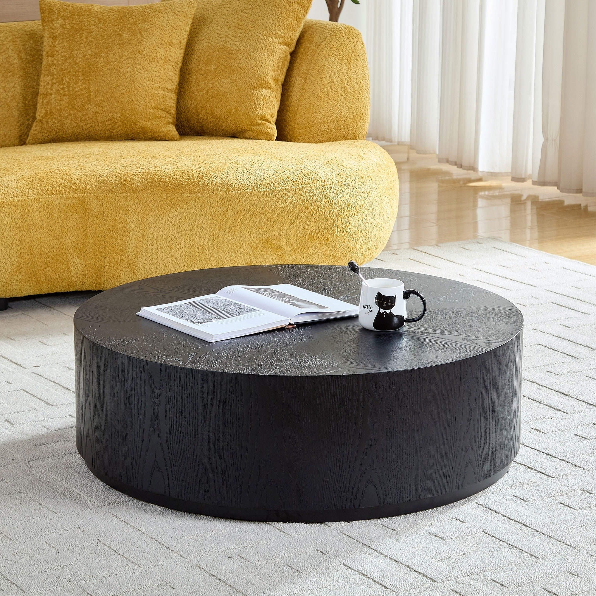Hartwell Round Coffee Table Mdf With Drum Pedestal Base By Gdfstudio