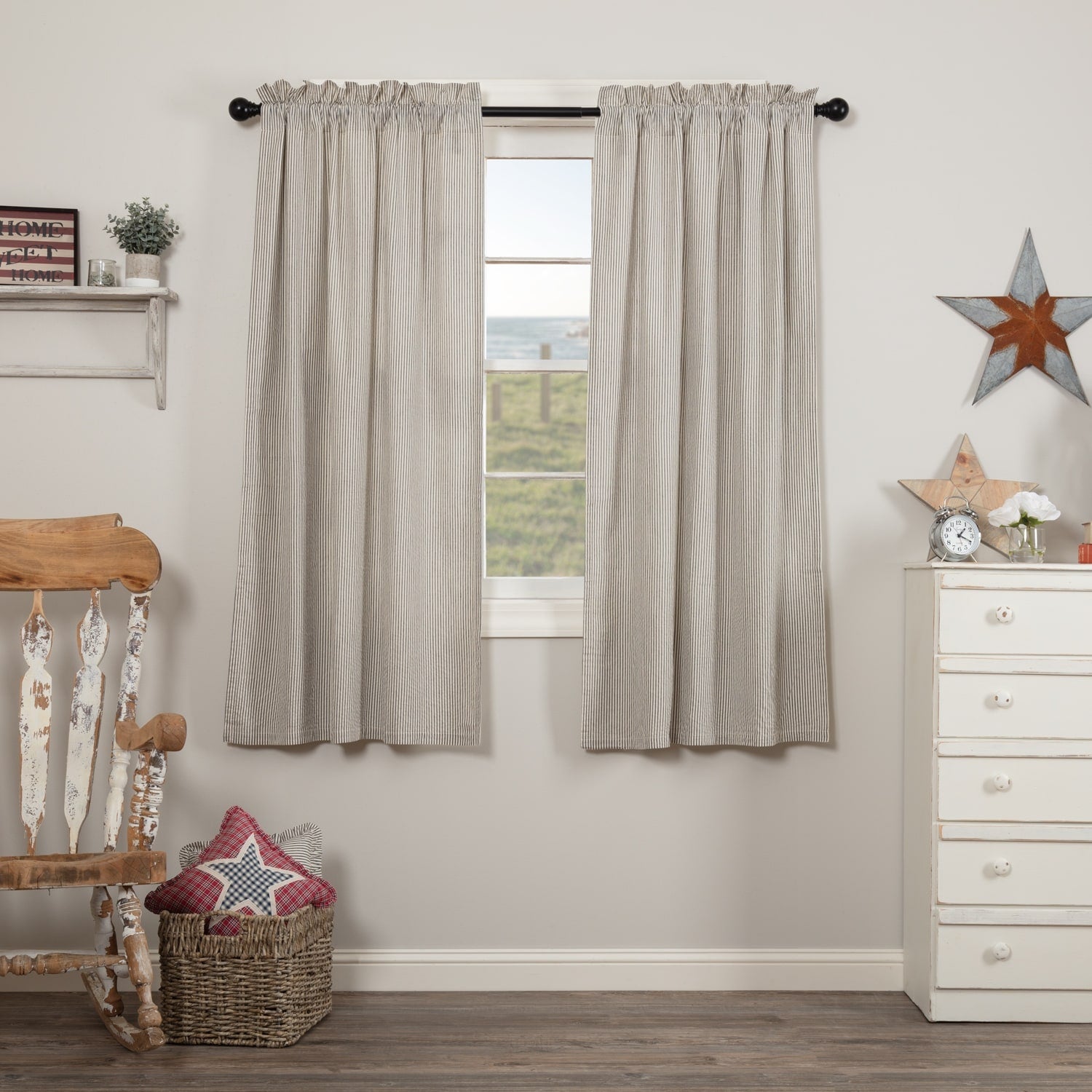 Vhc Hatteras Americana Blue Cotton Seersucker Ticking Striped Rod Pocket Curtain Panel Pair