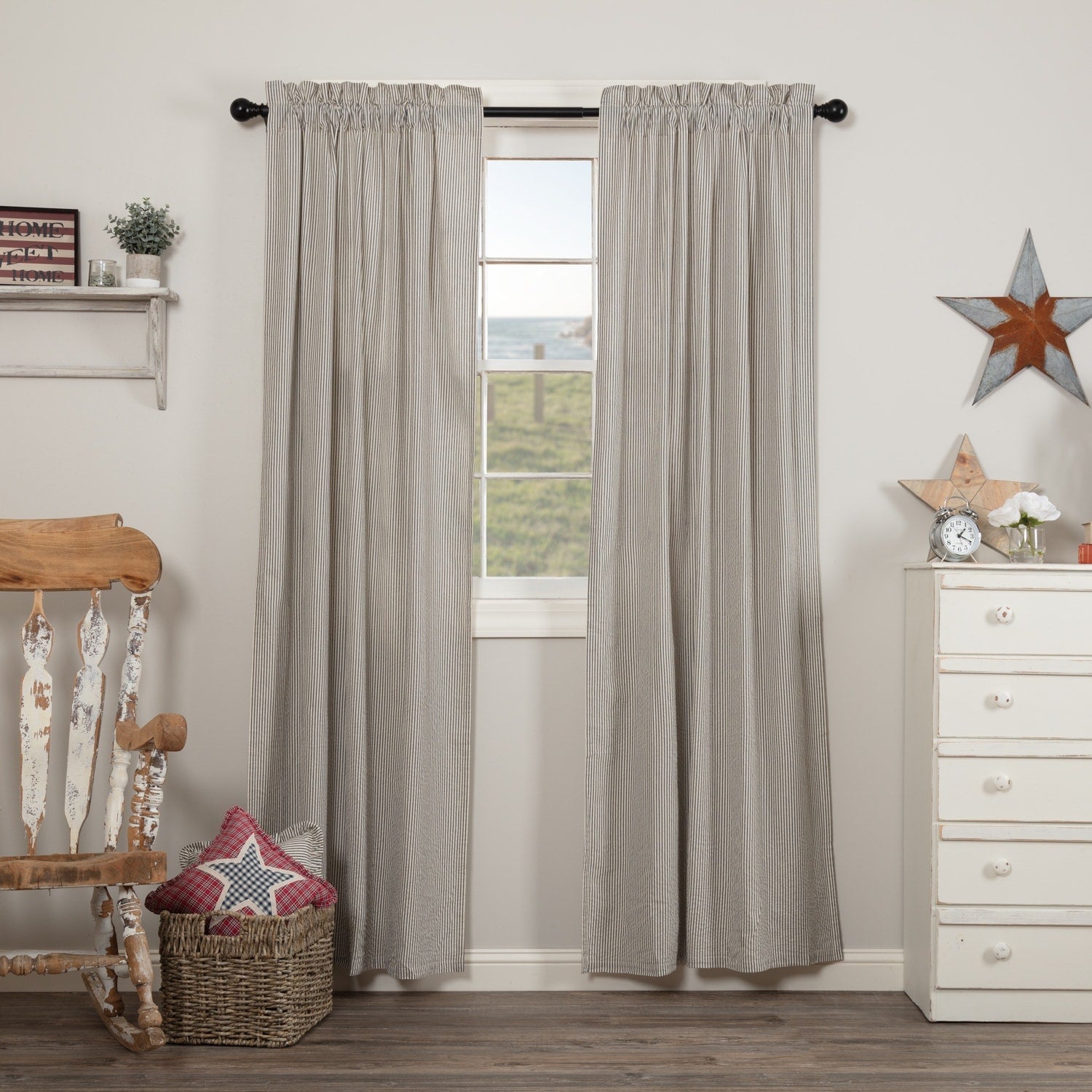 Vhc Brands Hatteras Americana Cotton Ticking Stripe Rod Pocket Seersucker Curtain Panel Pair