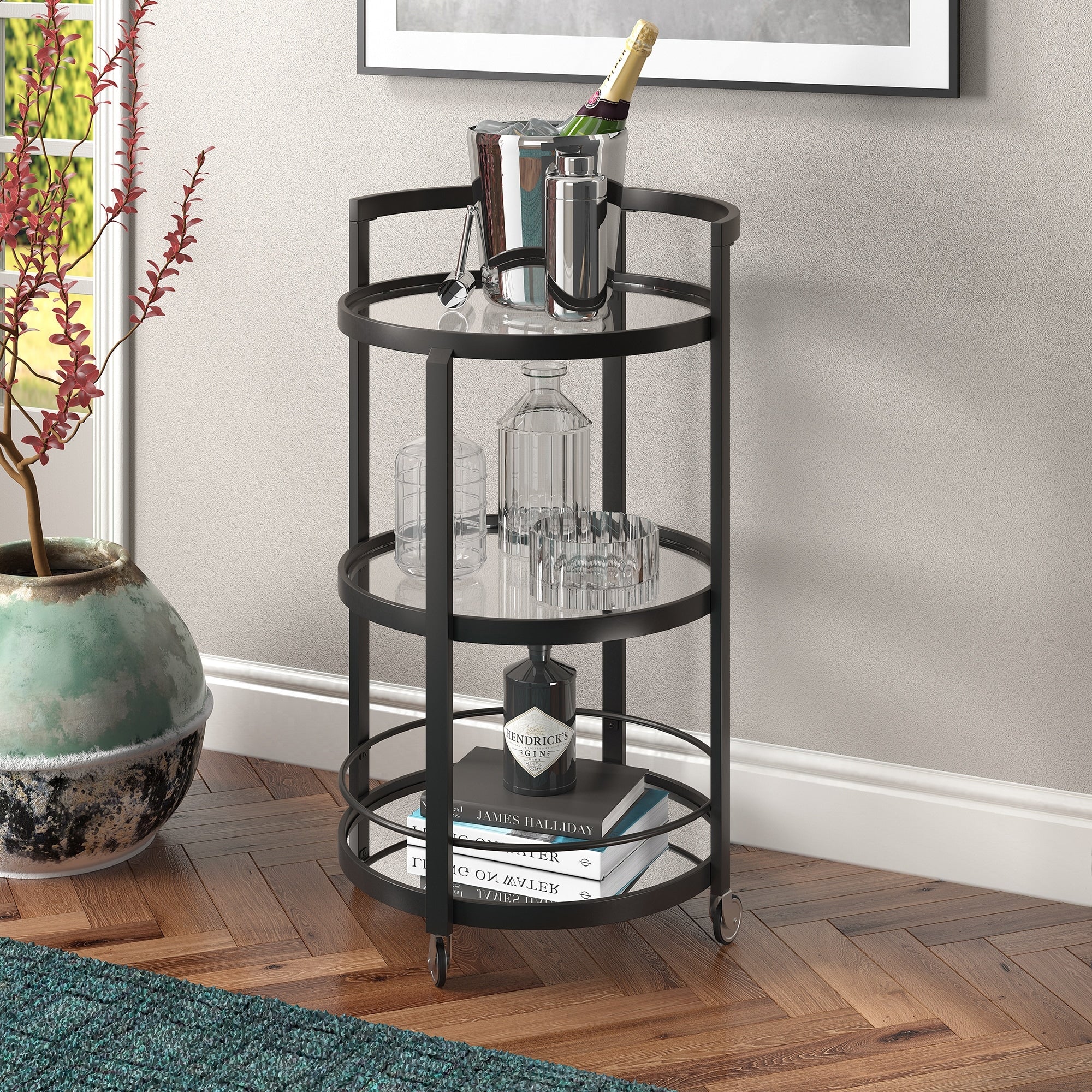 Hause Blackened Bronze Steel Mirrored Bar Cart