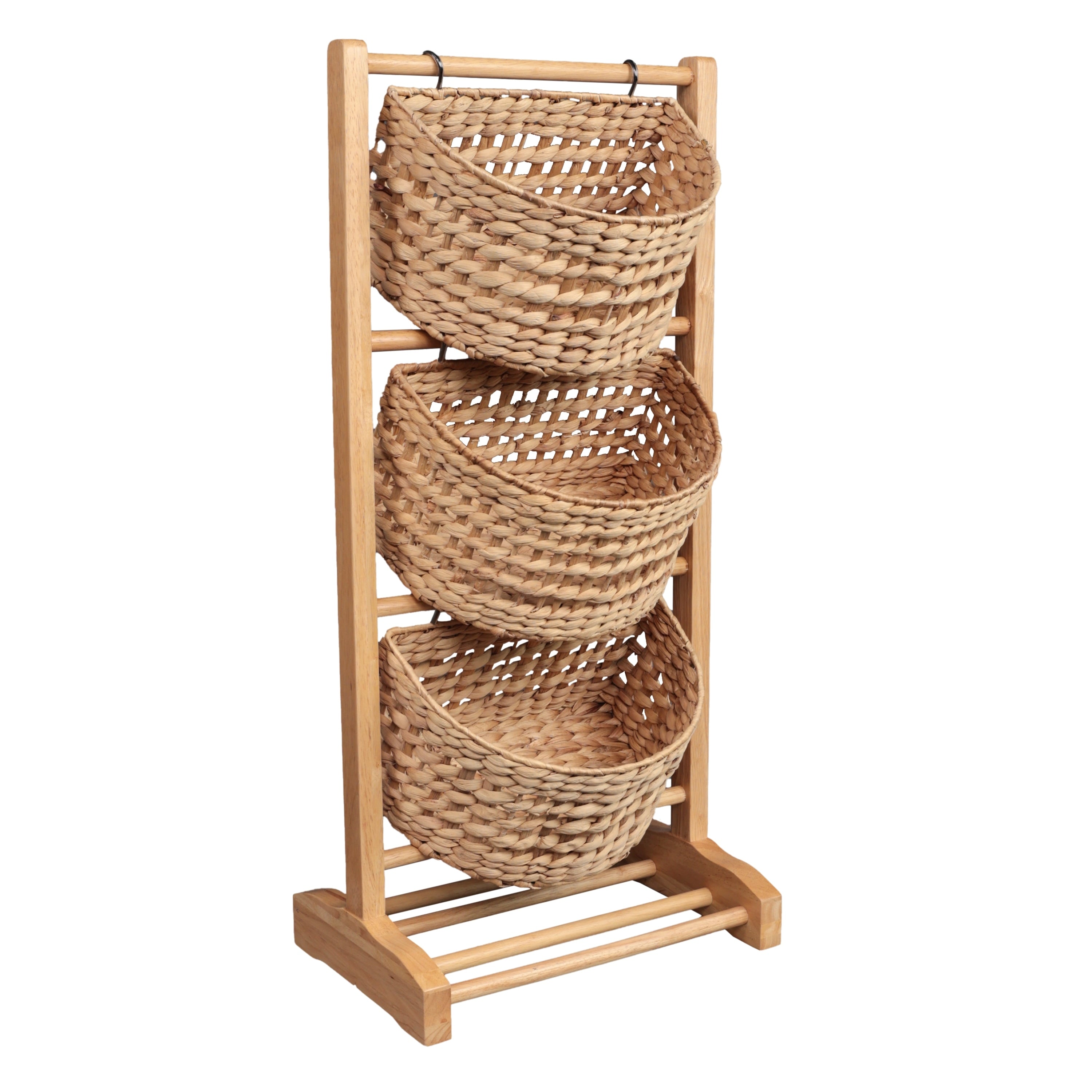 Havana 35.5 In. H Handcrafted Pine Wood 3 Tier Floor Stand With Water Hyacinth Baskets Storage Rack