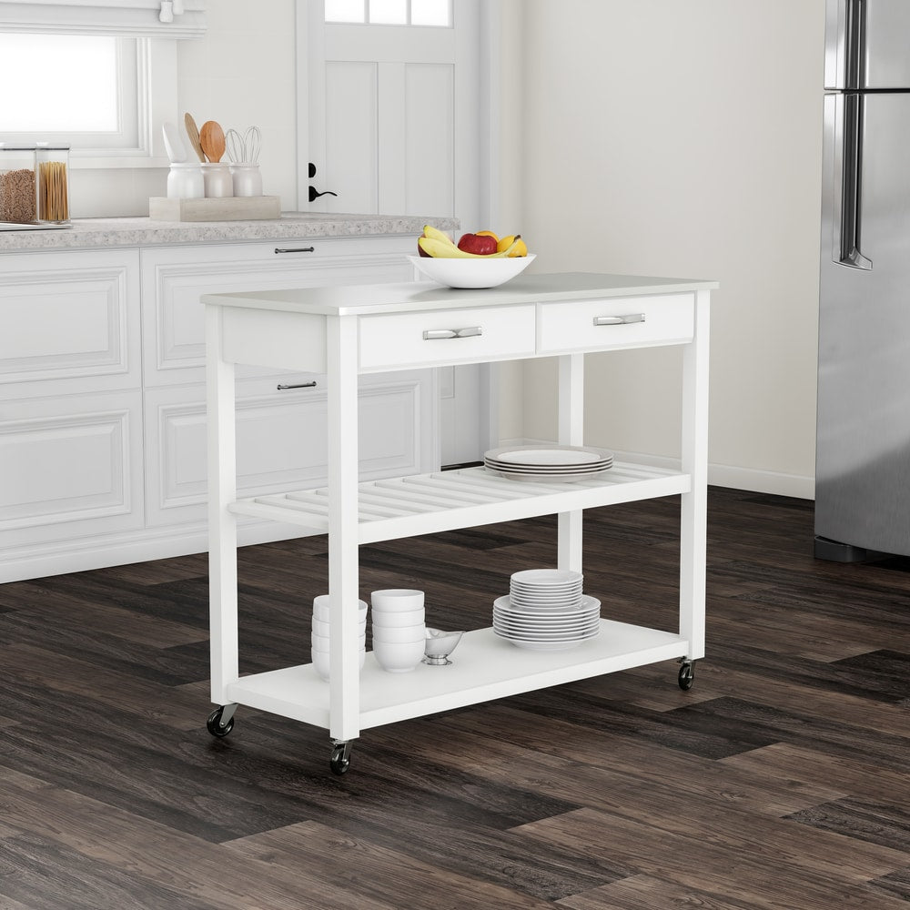 Porch Den Keap White Wood Stainless Steel Kitchen Cart Island
