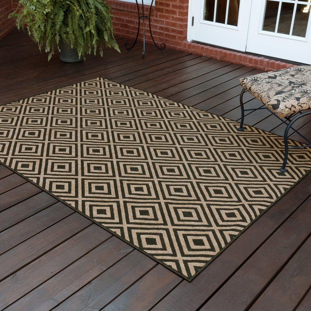 Geometric Diamond Black Tan Loop Pile Indoor Outdoor Area Rug 37 X 56