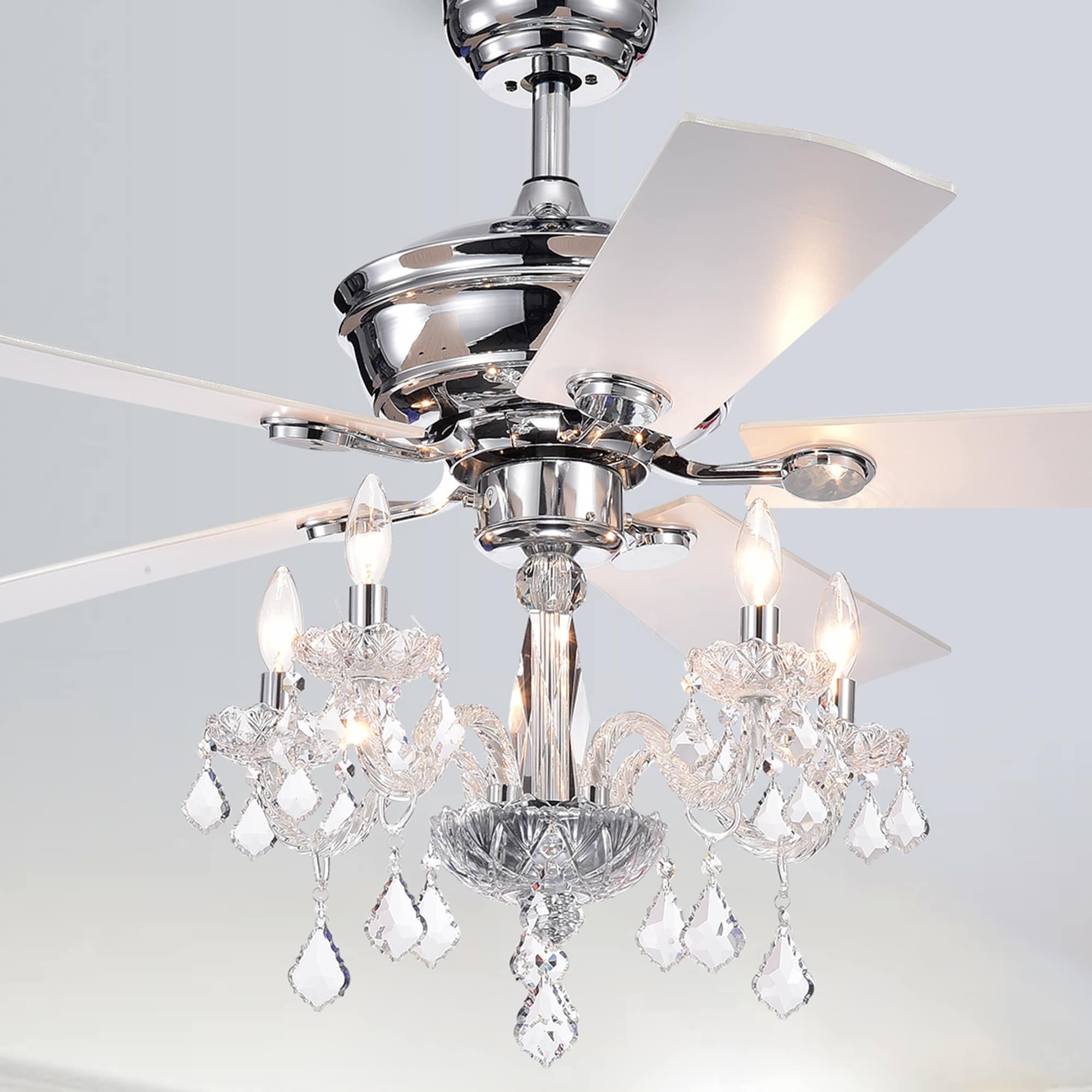 Havorand Iii 52 Inch 5 Light Chrome Lighted Ceiling Fans With Crystal Branched Chandelier Remote Controlled