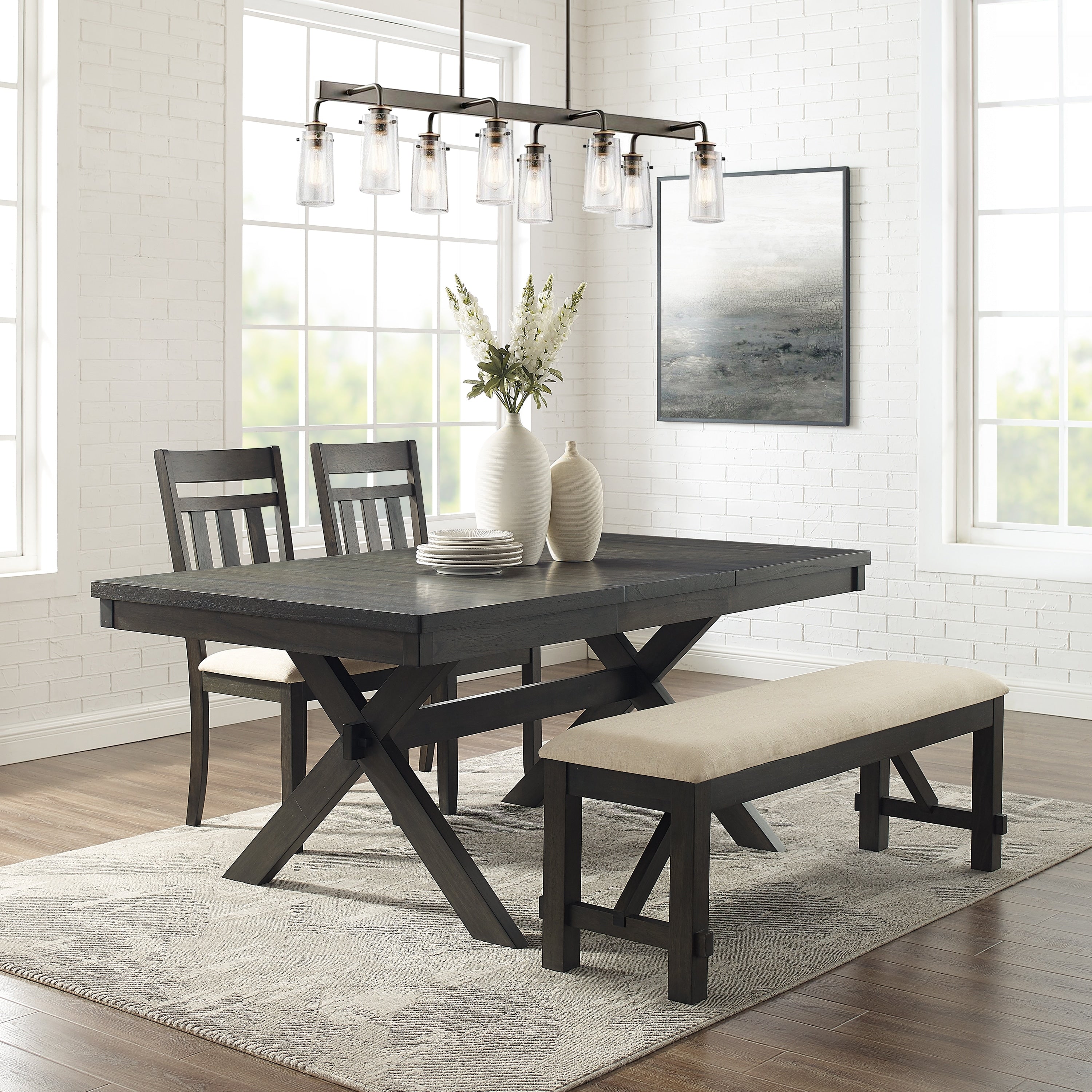 Hayden 4Pc Dining Set Slate Table 2 Chairs Bench